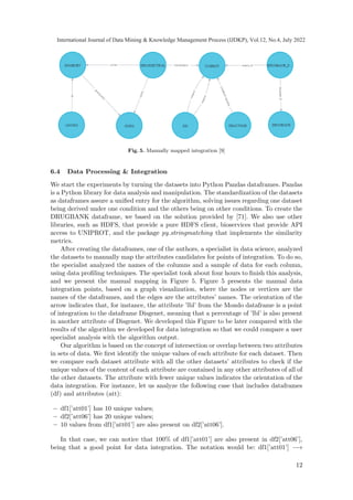 Fig. 5. Manually mapped integration [9]
6.4 Data Processing  Integration
We start the experiments by turning the datasets into Python Pandas dataframes. Pandas
is a Python library for data analysis and manipulation. The standardization of the datasets
as dataframes assure a unified entry for the algorithm, solving issues regarding one dataset
being derived under one condition and the others being on other conditions. To create the
DRUGBANK dataframe, we based on the solution provided by [71]. We also use other
libraries, such as HDFS, that provide a pure HDFS client, bioservices that provide API
access to UNIPROT, and the package py stringmatching that implements the similarity
metrics.
After creating the dataframes, one of the authors, a specialist in data science, analyzed
the datasets to manually map the attributes candidates for points of integration. To do so,
the specialist analyzed the names of the columns and a sample of data for each column,
using data profiling techniques. The specialist took about four hours to finish this analysis,
and we present the manual mapping in Figure 5. Figure 5 presents the manual data
integration points, based on a graph visualization, where the nodes or vertices are the
names of the dataframes, and the edges are the attributes’ names. The orientation of the
arrow indicates that, for instance, the attribute ’lbl’ from the Mondo dataframe is a point
of integration to the dataframe Disgenet, meaning that a percentage of ’lbl’ is also present
in another attribute of Disgenet. We developed this Figure to be later compared with the
results of the algorithm we developed for data integration so that we could compare a user
specialist analysis with the algorithm output.
Our algorithm is based on the concept of intersection or overlap between two attributes
in sets of data. We first identify the unique values of each attribute for each dataset. Then
we compare each dataset attribute with all the other datasets’ attributes to check if the
unique values of the content of each attribute are contained in any other attributes of all of
the other datasets. The attribute with fewer unique values indicates the orientation of the
data integration. For instance, let us analyze the following case that includes dataframes
(df) and attributes (att):
– df1[’att01’] has 10 unique values;
– df2[’att06’] has 20 unique values;
– 10 values from df1[’att01’] are also present on df2[’att06’].
In that case, we can notice that 100% of df1[’att01’] are also present in df2[’att06’],
being that a good point for data integration. The notation would be: df1[’att01’] −→
12
International Journal of Data Mining  Knowledge Management Process (IJDKP), Vol.12, No.4, July 2022
 