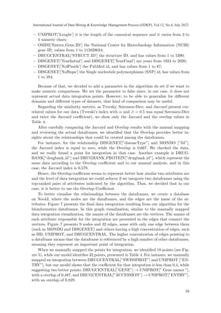 – UNIPROT[’Lenght’] it is the length of the canonical sequence and it varies from 3 to
4 numeric chars;
– OMIM[’Entrez Gene ID’] the National Center for Biotechnology Information (NCBI)
gene ID, values from 1 to 115029024;
– DRUGCENTRAL[’STRUCT ID’] the structure ID, and has values from 1 to 5390;
– DISGENET[’YearInitial’] and DISGENET[’YearFinal’] are years from 1924 to 2020;
– DISGENET[’NofPmids’] the PubMed id, and has values from 1 to 67;
– DISGENET[’NofSnps’] the Single nucleotide polymorphisms (SNP) id, has values from
1 to 284.
Because of that, we decided to add a parameter in the algorithm do set if we want to
make numeric comparisons. We set the parameter to false since, in our case, it does not
represent actual data integration points. However, to be able to generalize for different
domains and different types of datasets, that kind of comparison may be useful.
Regarding the similarity metrics, as Tversky, Sørensen-Dice, and Jaccard present cor-
related values for our data (Tverski’s index with α and β = 0.5 was equal Sørensen-Dice
and twice the Jaccard coefficient), we show only the Jaccard and the overlap values in
Table 4.
After carefully comparing the Jaccard and Overlap results with the manual mapping
and reviewing the actual dataframes, we identified that the Overlap provides better in-
sights about the relationships that could be created among the dataframes.
For instance, for the relationship DISGENET[”diseaseType”] and MONDO [”lbl”],
the Jaccard index is equal to zero, while the Overlap is 0,667. We checked the data,
and we really found a point for integration in that case. Another example is DRUG-
BANK[”drugbank id”] and DRUGBANK PROTEIN[”drugbank id”], which represent the
same data according to the Overlap coefficient and to our manual analysis, and in this
case, the Jaccard index is 0,579.
Hence, the Overlap coefficient seems to represent better how similar two attributes are
and the level of data integration we could achieve if we integrate two dataframes using the
top-ranked pairs of attributes indicated by the algorithm. Thus, we decided that in our
case, it is better to use the Overlap Coefficient.
To better visualize the relationships between the dataframes, we create a database
on Neo4J, where the nodes are the dataframes, and the edges are the name of the at-
tributes. Figure 7 presents the final data integration resulting from our algorithm for the
bioinformatics dataframes. In this graph visualization, similar to the manually mapped
data integration visualization, the names of the dataframes are the vertices. The names of
each attribute responsible for the integration are presented in the edges that connect the
vertices. Figure 7 presents 9 nodes and 32 edges, some with only one edge between them
(such as MONDO and DISGENET) and others having a high concentration of edges, such
as IID, UNIPROT, and DRUGCENTRAL. The higher concentration of edges pointing to
a dataframe means that the dataframe is referenced by a high number of other dataframes,
meaning they represent an important point of integration.
When we manually mapped the points for integration, we identified 10 points (see Fig-
ure 5), while our model identifies 32 points, presented in Table 4. For instance, we manually
mapped an integration between DRUGCENTRAL[”SWISSPROT”] and UNIPROT [”EN-
TRY”], but our model shows that the coefficient for that integration is less than 0,4, while
suggesting two better points: DRUGCENTRAL[”GENE”] → UNIPROT[” Gene names ”],
with a overlap of 0,487, and DRUGCENTRAL[”ACCESSION”] → UNIPROT[”ENTRY”],
with an overlap of 0,829.
16
International Journal of Data Mining  Knowledge Management Process (IJDKP), Vol.12, No.4, July 2022
 
