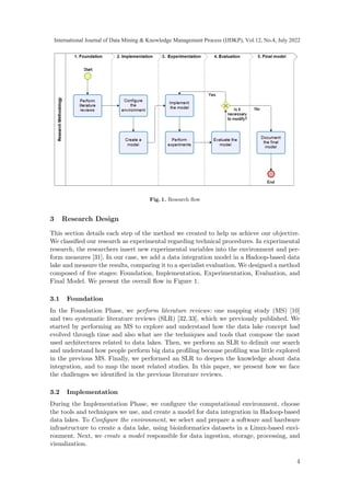 Fig. 1. Research flow
3 Research Design
This section details each step of the method we created to help us achieve our objective.
We classified our research as experimental regarding technical procedures. In experimental
research, the researchers insert new experimental variables into the environment and per-
form measures [31]. In our case, we add a data integration model in a Hadoop-based data
lake and measure the results, comparing it to a specialist evaluation. We designed a method
composed of five stages: Foundation, Implementation, Experimentation, Evaluation, and
Final Model. We present the overall flow in Figure 1.
3.1 Foundation
In the Foundation Phase, we perform literature reviews: one mapping study (MS) [10]
and two systematic literature reviews (SLR) [32, 33], which we previously published. We
started by performing an MS to explore and understand how the data lake concept had
evolved through time and also what are the techniques and tools that compose the most
used architectures related to data lakes. Then, we perform an SLR to delimit our search
and understand how people perform big data profiling because profiling was little explored
in the previous MS. Finally, we performed an SLR to deepen the knowledge about data
integration, and to map the most related studies. In this paper, we present how we face
the challenges we identified in the previous literature reviews.
3.2 Implementation
During the Implementation Phase, we configure the computational environment, choose
the tools and techniques we use, and create a model for data integration in Hadoop-based
data lakes. To Configure the environment, we select and prepare a software and hardware
infrastructure to create a data lake, using bioinformatics datasets in a Linux-based envi-
ronment. Next, we create a model responsible for data ingestion, storage, processing, and
visualization.
4
International Journal of Data Mining & Knowledge Management Process (IJDKP), Vol.12, No.4, July 2022
 