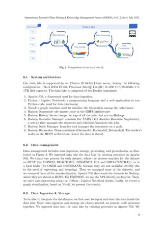 Fig. 2. Composition of the data lake [9]
6.1 System architecture
Our data lake is supported by an Ubuntu 20 64-bit Linux server, having the following
configuration: 16GB RAM DDR3, Processor Intel® Core(R) I7-4790 CPU@3.6GHz x 8,
1TB disk capacity. The data lake is composed of ten Docker containers:
1. Apache Nifi: a framework used for data ingestion.
2. Python - Jupyter Notebook: a programming language and a web application to run
Python code, used for data processing.
3. Neo4J: a graph database used to visualize the integration among the dataframes.
4. Hadoop Namenode: the master node in the HDFS architecture
5. Hadoop History Server: keeps the logs of all the jobs that ran on Hadoop.
6. Hadoop Resource Manager: contains the YARN (Yet Another Resource Negotiator),
a service that manages the resources and schedules/monitors the jobs.
7. Hadoop Node Manager: launches and manages the containers on a node.
8. Hadoop Datanodes: Three containers (Datanode1, Datanode2, Datanode3). The worker’s
nodes in the HDFS architecture, where the data is stored.
6.2 Data management
Data management includes data ingestion, storage, processing, and presentation, as illus-
trated in Figure 2. We ingested data into the data lake by creating processes in Apache
Nifi. We create one process for each dataset, where the process searches for the dataset
on HTTP (for MONDO, REACTOME, DISGENET, IID, and DRUGCENTRAL), or in
a local folder (for OMIM and DRUGBANK, because they are not available directly due
to the need of registering and licensing). Then we unzipped some of the datasets, and
we renamed them all for standardization. Apache Nifi then sends the datasets to Hadoop,
where they are stored in HDFS. For UNIPROT, we use the API directly on Jupyter. Then,
we start data processing using the Python - Jupyter Notebook docker. Lastly, we create a
graph visualization, based on Neo4J, to present the results.
6.3 Data Ingestion  Storage
To be able to integrate the dataframes, we first need to ingest and store the data inside the
data lake. Since data ingestion and storage are closely related, we present both processes
together. We ingested data into the data lake by creating processes in Apache Nifi. We
9
International Journal of Data Mining  Knowledge Management Process (IJDKP), Vol.12, No.4, July 2022
 