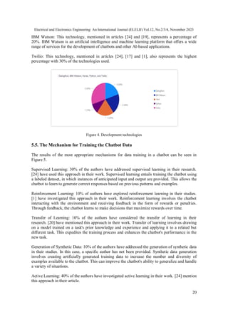 Electrical and Electronics Engineering: An International Journal (ELELIJ) Vol.12, No.2/3/4, November 2023
20
IBM Watson: This technology, mentioned in articles [24] and [19], represents a percentage of
20%. IBM Watson is an artificial intelligence and machine learning platform that offers a wide
range of services for the development of chatbots and other AI-based applications.
Twilio: This technology, mentioned in articles [24], [17] and [1], also represents the highest
percentage with 30% of the technologies used.
Figure 4. Development technologies
5.5. The Mechanism for Training the Chatbot Data
The results of the most appropriate mechanisms for data training in a chatbot can be seen in
Figure 5.
Supervised Learning: 30% of the authors have addressed supervised learning in their research.
[24] have used this approach in their work. Supervised learning entails training the chatbot using
a labeled dataset, in which instances of anticipated input and output are provided. This allows the
chatbot to learn to generate correct responses based on previous patterns and examples.
Reinforcement Learning: 10% of authors have explored reinforcement learning in their studies.
[1] have investigated this approach in their work. Reinforcement learning involves the chatbot
interacting with the environment and receiving feedback in the form of rewards or penalties.
Through feedback, the chatbot learns to make decisions that maximize rewards over time.
Transfer of Learning: 10% of the authors have considered the transfer of learning in their
research. [20] have mentioned this approach in their work. Transfer of learning involves drawing
on a model trained on a task's prior knowledge and experience and applying it to a related but
different task. This expedites the training process and enhances the chatbot's performance in the
new task.
Generation of Synthetic Data: 10% of the authors have addressed the generation of synthetic data
in their studies. In this case, a specific author has not been provided. Synthetic data generation
involves creating artificially generated training data to increase the number and diversity of
examples available to the chatbot. This can improve the chatbot's ability to generalize and handle
a variety of situations.
Active Learning: 40% of the authors have investigated active learning in their work. [24] mention
this approach in their article.
 
