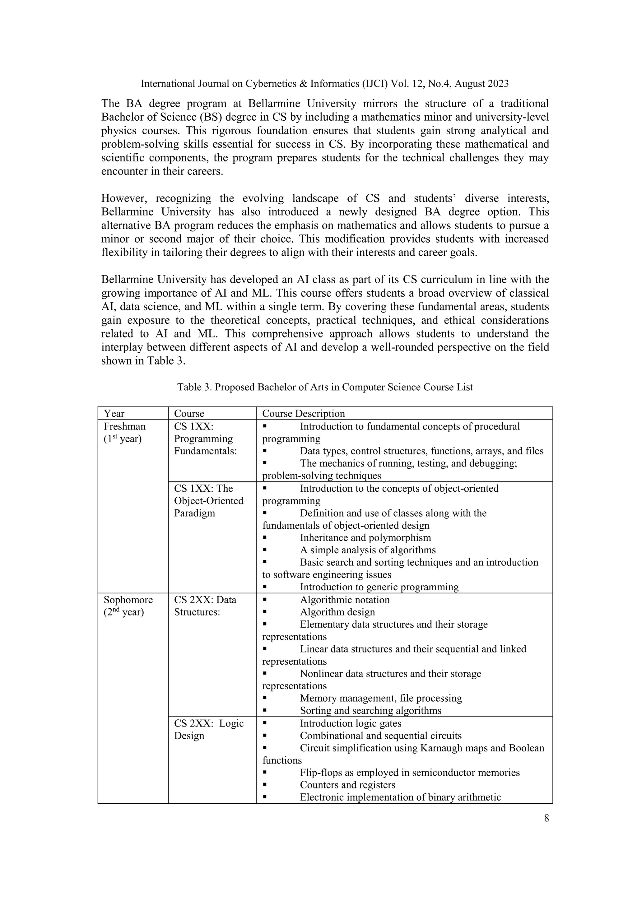 International Journal on Cybernetics & Informatics (IJCI) Vol. 12, No.4, August 2023
8
The BA degree program at Bellarmine University mirrors the structure of a traditional
Bachelor of Science (BS) degree in CS by including a mathematics minor and university-level
physics courses. This rigorous foundation ensures that students gain strong analytical and
problem-solving skills essential for success in CS. By incorporating these mathematical and
scientific components, the program prepares students for the technical challenges they may
encounter in their careers.
However, recognizing the evolving landscape of CS and students’ diverse interests,
Bellarmine University has also introduced a newly designed BA degree option. This
alternative BA program reduces the emphasis on mathematics and allows students to pursue a
minor or second major of their choice. This modification provides students with increased
flexibility in tailoring their degrees to align with their interests and career goals.
Bellarmine University has developed an AI class as part of its CS curriculum in line with the
growing importance of AI and ML. This course offers students a broad overview of classical
AI, data science, and ML within a single term. By covering these fundamental areas, students
gain exposure to the theoretical concepts, practical techniques, and ethical considerations
related to AI and ML. This comprehensive approach allows students to understand the
interplay between different aspects of AI and develop a well-rounded perspective on the field
shown in Table 3.
Table 3. Proposed Bachelor of Arts in Computer Science Course List
Year Course Course Description
Freshman
(1st
year)
CS 1XX:
Programming
Fundamentals:
 Introduction to fundamental concepts of procedural
programming
 Data types, control structures, functions, arrays, and files
 The mechanics of running, testing, and debugging;
problem-solving techniques
CS 1XX: The
Object-Oriented
Paradigm
 Introduction to the concepts of object-oriented
programming
 Definition and use of classes along with the
fundamentals of object-oriented design
 Inheritance and polymorphism
 A simple analysis of algorithms
 Basic search and sorting techniques and an introduction
to software engineering issues
 Introduction to generic programming
Sophomore
(2nd
year)
CS 2XX: Data
Structures:
 Algorithmic notation
 Algorithm design
 Elementary data structures and their storage
representations
 Linear data structures and their sequential and linked
representations
 Nonlinear data structures and their storage
representations
 Memory management, file processing
 Sorting and searching algorithms
CS 2XX: Logic
Design
 Introduction logic gates
 Combinational and sequential circuits
 Circuit simplification using Karnaugh maps and Boolean
functions
 Flip-flops as employed in semiconductor memories
 Counters and registers
 Electronic implementation of binary arithmetic
 