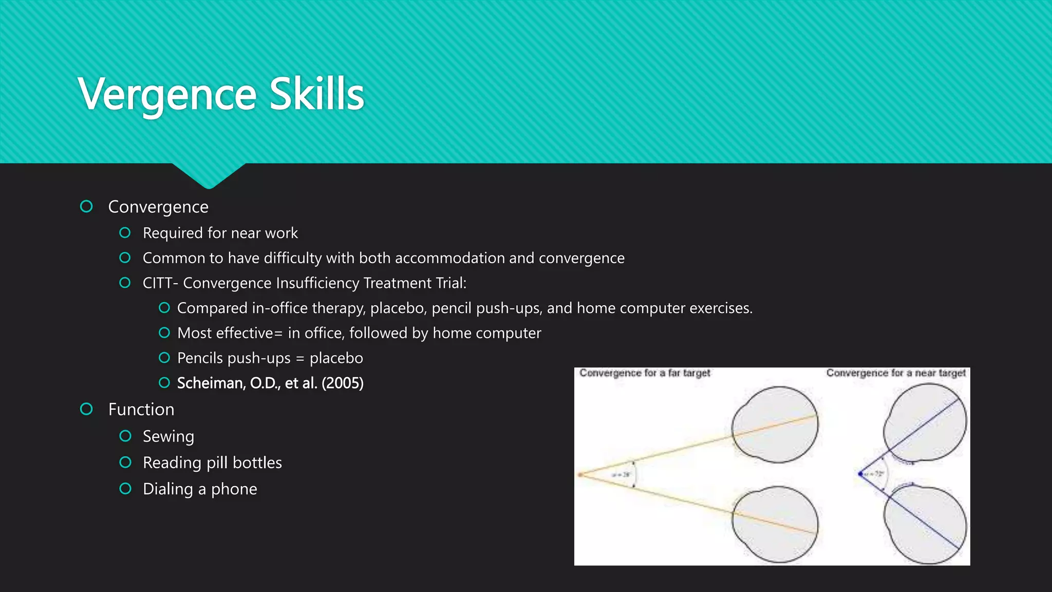 Vergence Skills
 Convergence
 Required for near work
 Common to have difficulty with both accommodation and convergence
 CITT- Convergence Insufficiency Treatment Trial:
 Compared in-office therapy, placebo, pencil push-ups, and home computer exercises.
 Most effective= in office, followed by home computer
 Pencils push-ups = placebo
 Scheiman, O.D., et al. (2005)
 Function
 Sewing
 Reading pill bottles
 Dialing a phone
 