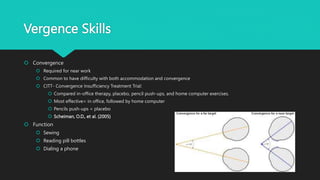 Vergence Skills
 Convergence
 Required for near work
 Common to have difficulty with both accommodation and convergence
 CITT- Convergence Insufficiency Treatment Trial:
 Compared in-office therapy, placebo, pencil push-ups, and home computer exercises.
 Most effective= in office, followed by home computer
 Pencils push-ups = placebo
 Scheiman, O.D., et al. (2005)
 Function
 Sewing
 Reading pill bottles
 Dialing a phone
 
