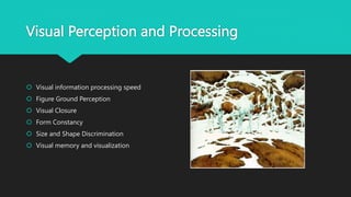 Visual Perception and Processing
 Visual information processing speed
 Figure Ground Perception
 Visual Closure
 Form Constancy
 Size and Shape Discrimination
 Visual memory and visualization
 