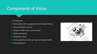 Components of Vision
 Oculomotor
 Binocularity (Anti-suppression and Double Vision)
 Accommodation (focus)
 Vergence skills (near and far work)
 Depth perception
 Peripheral vision
 Visual spatial processing/ visual perceptual skills
 Visual attention
 