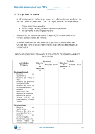MMaarrkkeettiinngg MMaannaaggeemmeenntt ppaarraa PPMMEE’’ss
UUmmaa ppaarrcceerriiaa ddee ffuuttuurroo..
. . . . . . . . . . . . . . .
. . . . . . . . . . . . . . .
1 – Os objectivos de venda:
- A direcção-geral determina para um determinado período de
vendas definido para cada área de negócio ou linha de produtos:
Valor global das vendas
Os timmings de lançamento de novos produtos
Orçamento marketing/comercial
- A Direcção de vendas procede à repartição do valor das suas
vendas pelas chefias de vendas
- As chefias de vendas repartem os objectivos por vendedor em
função das vendas da concorrência e especificidades das zonas
trabalhadas
INDICADORES DE PERFORMANCE E RESULTADOS OBTIDOS PELA EQUIPA
DE VENDAS
Vendedor Vendedor
Actividades
Principais
Objectivo
s
de
performan
ce
Realizado Desvio
Objectivos
de
performan
ce
Realizad
o
Desvio
Clientes potenciais
• Número de
telefonemas
• Número de visitas a
“fio”
• Número de primeiras
visitas marcadas
• Número de visitas de
acompanhamento
• Número de
demonstrações
• Número de propostas
• Número de fechos
• Tempo médio de
conclusão da primeira
venda
Clientes actuais
• Número de
telefonemas
• Número de visitas de
acompanhamento
• Número de
demonstrações
• Número de propostas
• Tempo médio de
conclusão da venda
109
 