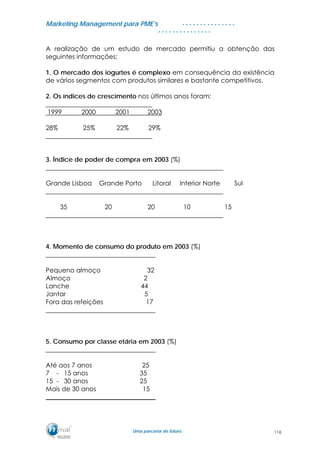 MMaarrkkeettiinngg MMaannaaggeemmeenntt ppaarraa PPMMEE’’ss
UUmmaa ppaarrcceerriiaa ddee ffuuttuurroo..
. . . . . . . . . . . . . . .
. . . . . . . . . . . . . . .
A realização de um estudo de mercado permitiu a obtenção das
seguintes informações:
1. O mercado dos iogurtes é complexo em consequência da existência
de vários segmentos com produtos similares e bastante competitivos.
2. Os índices de crescimento nos últimos anos foram:
_________________________________
1999 2000 2001 2003
28% 25% 22% 29%
_________________________________
3. Índice de poder de compra em 2003 (%)
_______________________________________________________
Grande Lisboa Grande Porto Litoral Interior Norte Sul
_______________________________________________________
35 20 20 10 15
_______________________________________________________
4. Momento de consumo do produto em 2003 (%)
__________________________________
Pequeno almoço 32
Almoço 2
Lanche 44
Jantar 5
Fora das refeições 17
__________________________________
5. Consumo por classe etária em 2003 (%)
__________________________________
Até aos 7 anos 25
7 - 15 anos 35
15 - 30 anos 25
Mais de 30 anos 15
__________________________________
116
 