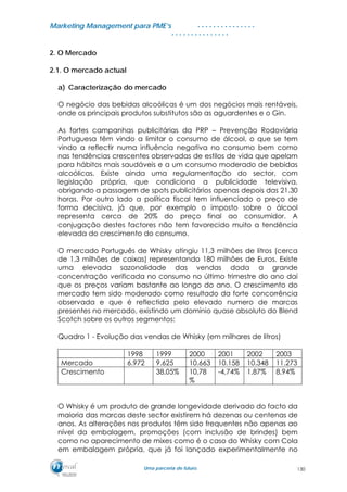 MMaarrkkeettiinngg MMaannaaggeemmeenntt ppaarraa PPMMEE’’ss
UUmmaa ppaarrcceerriiaa ddee ffuuttuurroo..
. . . . . . . . . . . . . . .
. . . . . . . . . . . . . . .
2. O Mercado
2.1. O mercado actual
a) Caracterização do mercado
O negócio das bebidas alcoólicas é um dos negócios mais rentáveis,
onde os principais produtos substitutos são as aguardentes e o Gin.
As fortes campanhas publicitárias da PRP – Prevenção Rodoviária
Portuguesa têm vindo a limitar o consumo de álcool, o que se tem
vindo a reflectir numa influência negativa no consumo bem como
nas tendências crescentes observadas de estilos de vida que apelam
para hábitos mais saudáveis e a um consumo moderado de bebidas
alcoólicas. Existe ainda uma regulamentação do sector, com
legislação própria, que condiciona a publicidade televisiva,
obrigando a passagem de spots publicitários apenas depois das 21.30
horas. Por outro lado a política fiscal tem influenciado o preço de
forma decisiva, já que, por exemplo o imposto sobre o álcool
representa cerca de 20% do preço final ao consumidor. A
conjugação destes factores não tem favorecido muito a tendência
elevada do crescimento do consumo.
O mercado Português de Whisky atingiu 11,3 milhões de litros (cerca
de 1,3 milhões de caixas) representando 180 milhões de Euros. Existe
uma elevada sazonalidade das vendas dada a grande
concentração verificada no consumo no último trimestre do ano daí
que os preços variam bastante ao longo do ano. O crescimento do
mercado tem sido moderado como resultado da forte concorrência
observada e que é reflectida pelo elevado numero de marcas
presentes no mercado, existindo um domínio quase absoluto do Blend
Scotch sobre os outros segmentos:
Quadro 1 - Evolução das vendas de Whisky (em milhares de litros)
1998 1999 2000 2001 2002 2003
Mercado 6.972 9.625 10.663 10.158 10.348 11.273
Crescimento 38,05% 10,78
%
-4,74% 1,87% 8,94%
O Whisky é um produto de grande longevidade derivado do facto da
maioria das marcas deste sector existirem há dezenas ou centenas de
anos. As alterações nos produtos têm sido frequentes não apenas ao
nível da embalagem, promoções (com inclusão de brindes) bem
como no aparecimento de mixes como é o caso do Whisky com Cola
em embalagem própria, que já foi lançado experimentalmente no
130
 