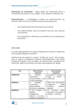 MMaarrkkeettiinngg MMaannaaggeemmeenntt ppaarraa PPMMEE’’ss
UUmmaa ppaarrcceerriiaa ddee ffuuttuurroo..
. . . . . . . . . . . . . . .
. . . . . . . . . . . . . . .
Informação ao consumidor - regras legais de informação sobre a
composição do produto, a sua origem, o seu modo de utilização, etc.
Posicionamento - a embalagem confere um posicionamento do
produto, desta forma é fundamental para ela que promova:
- Uma identificação fácil do produto que contem
- Uma diferenciação clara do produto face aos seus directos
concorrentes
- Uma expressão os elementos característicos do marketing-mix
do produto
c) As cores
As cores desempenham um papel importante em todas as acções de
comunicação ligadas ao produto
Apresenta-se de seguida o quadro “Código de cores”. Este quadro,
que se aplica à realidade ocidental (nomeadamente aos países
católicos) beneficiou dos conselhos de Gerard Caron, presidente da
Carrè Noir, agência consultora francesa especializada em design.
Cor Associações
positivas
Associações
negativas
VERMELHO A paixão, o
dinamismo, o
revolucionário, o sexo,
a masculinidade
A guerra, o sangue, o
fogo, a morte, o
Demónio
LARANJA A energia, a
actividade, a
generosidade, o
convívio, a ambição
Não tem associações
negativas, pode
todavia parecer
barato
AMARELO O sol, o verão, a luz
celeste, a
inteligência, a
ciência, a acção, a
realeza, a expansão
O amarelo baço
exprime a cobardia, a
traição, a duvida
28
 