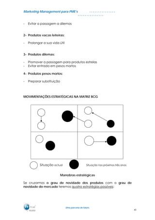 MMaarrkkeettiinngg MMaannaaggeemmeenntt ppaarraa PPMMEE’’ss
UUmmaa ppaarrcceerriiaa ddee ffuuttuurroo..
. . . . . . . . . . . . . . .
. . . . . . . . . . . . . . .
- Evitar a passagem a dilemas
2- Produtos vacas leiteiras:
- Prolongar a sua vida útil
3- Produtos dilemas:
- Promover a passagem para produtos estrelas
- Evitar entrada em pesos mortos
4- Produtos pesos mortos:
- Preparar substituição
MOVIMENTAÇÕES ESTRATÉGICAS NA MATRIZ BCG
Situação actual Situação nos próximos três anos
Manobras estratégicas
Se cruzarmos o grau de novidade dos produtos com o grau de
novidade do mercado teremos quatro estratégias possíveis:
40
 