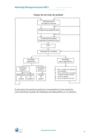 MMaarrkkeettiinngg MMaannaaggeemmeenntt ppaarraa PPMMEE’’ss
UUmmaa ppaarrcceerriiaa ddee ffuuttuurroo..
. . . . . . . . . . . . . . .
. . . . . . . . . . . . . . .
Etapas de um teste de produto
O processo do produto pode ser comparativo (com produtos
concorrentes) e pode ser realizado em laboratório ou no terreno
Definição precisa
dos objectivos do teste
Escolha de um método de teste
Constituição da amostra
Preparação do material do teste
Teste
Exploração dos resultados
Resultados
significativos
Resultados
pouco significativos
Resultados
negativos
Resultados
positivos
Modificação
do
produto
Rejeição
do
produto
Adopção
do
produto
• Rever o método de exploração
dos resultados.
• Rever a aplicação do resultado
escolhido: amostra, duração...
• Trocar de método.
• Rever os objectivos do teste
46
 