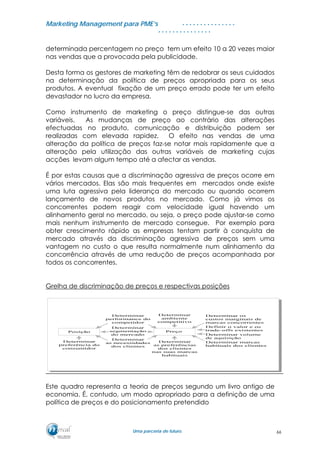 MMaarrkkeettiinngg MMaannaaggeemmeenntt ppaarraa PPMMEE’’ss
UUmmaa ppaarrcceerriiaa ddee ffuuttuurroo..
. . . . . . . . . . . . . . .
. . . . . . . . . . . . . . .
determinada percentagem no preço tem um efeito 10 a 20 vezes maior
nas vendas que a provocada pela publicidade.
Desta forma os gestores de marketing têm de redobrar os seus cuidados
na determinação da política de preços apropriada para os seus
produtos. A eventual fixação de um preço errado pode ter um efeito
devastador no lucro da empresa.
Como instrumento de marketing o preço distingue-se das outras
variáveis. As mudanças de preço ao contrário das alterações
efectuadas no produto, comunicação e distribuição podem ser
realizadas com elevada rapidez. O efeito nas vendas de uma
alteração da política de preços faz-se notar mais rapidamente que a
alteração pela utilização das outras variáveis de marketing cujas
acções levam algum tempo até a afectar as vendas.
É por estas causas que a discriminação agressiva de preços ocorre em
vários mercados. Elas são mais frequentes em mercados onde existe
uma luta agressiva pela liderança do mercado ou quando ocorrem
lançamento de novos produtos no mercado. Como já vimos os
concorrentes podem reagir com velocidade igual havendo um
alinhamento geral no mercado, ou seja, o preço pode ajustar-se como
mais nenhum instrumento de mercado consegue. Por exemplo para
obter crescimento rápido as empresas tentam partir à conquista de
mercado através da discriminação agressiva de preços sem uma
vantagem no custo o que resulta normalmente num alinhamento da
concorrência através de uma redução de preços acompanhada por
todos os concorrentes.
Grelha de discriminação de preços e respectivas posições
Este quadro representa a teoria de preços segundo um livro antigo de
economia. É, contudo, um modo apropriado para a definição de uma
política de preços e do posicionamento pretendido
66
 