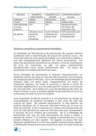 MMaarrkkeettiinngg MMaannaaggeemmeenntt ppaarraa PPMMEE’’ss
UUmmaa ppaarrcceerriiaa ddee ffuuttuurroo..
. . . . . . . . . . . . . . .
. . . . . . . . . . . . . . .
MÉTODO INQUÉRITO
ESPECIALISTA
INQUÉRITO AO
CLIENTE
COMPORTAMENTO
ACTUAL
Validade Média Média-alta Alta
Custos Baixos Médios Médios-altos
Aplicabilidade
a novos
produtos
Sim Sim Experimentação:
sim Dados de
mercado: não
No global
Útil para novos
produtos,
novas
situações
Muito útil para
medição do
preço-valor
Particularmente útil
para produtos
estabelecidos
Dinâmica competitiva e planeamento estratégico
As estratégias de desnatação e de penetração são opções clássicas
qualitativas para a discriminação de preços em produtos novos. Há
muita discussão em volta destas estratégias mas raramente é referido o
que elas verdadeiramente significam em termos quantitativos. Um
preço de desnatação aproxima-se ou excede o nível de maximização
do lucro de curto-prazo, ou seja, um preço habitualmente
percepcionado como sendo relativamente alto. Um preço de
penetração é consideravelmente mais baixo.
Numa estratégia de desnatação a empresa, frequentemente, vai
reduzindo o preço ao longo do ciclo de vida do produto face ao preço
de introdução que foi elevado. Com uma estratégia de penetração, a
empresa utiliza um preço baixo, frequentemente um preço de
introdução agressivo, de modo a aumentar o volume e quota de
mercado rapidamente e que lhe possa permitir construir uma posição
de mercado forte. Se os efeitos da curva da experiência são fortes, de
modo a reduzir o custo, a empresa abstém-se de maximizar os lucros no
curto-prazo e investe no futuro do produto.
Uma importante tendência recente é o encurtamento do tempo de
monopolização de produtos inovadores e dos ciclos de vida das
marcas em geral. Na indústria farmacêutica, a vida efectiva da
patente decresceu de 16 anos em 1964 para menos de 10 anos nos
finais dos anos 80. Como consequência, o preço nas primeiras fases do
ciclo de vida aproxima-se cada vez mais dos níveis que correspondem
à situação de lucro máximo de curto-prazo. Isto é, a estratégia de
desnatação tem que ser mais pronunciada de modo a reduzir o
período de retorno. É no entanto condição fundamental que o novo
produto ofereça um valor superior. De seguida, os preços têm que
decrescer rapidamente e a uma taxa superior à anteriormente utilizada.
A distribuição temporal dos lucros acentua-se assim nas fases iniciais do
71
 
