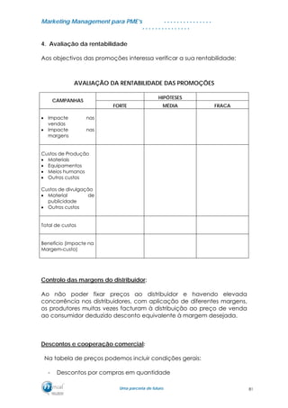 MMaarrkkeettiinngg MMaannaaggeemmeenntt ppaarraa PPMMEE’’ss
UUmmaa ppaarrcceerriiaa ddee ffuuttuurroo..
. . . . . . . . . . . . . . .
. . . . . . . . . . . . . . .
4. Avaliação da rentabilidade
Aos objectivos das promoções interessa verificar a sua rentabilidade:
AVALIAÇÃO DA RENTABILIDADE DAS PROMOÇÕES
HIPÓTESES
CAMPANHAS
FORTE MÉDIA FRACA
• Impacte nas
vendas
• Impacte nas
margens
Custos de Produção
• Materiais
• Equipamentos
• Meios humanos
• Outros custos
Custos de divulgação
• Material de
publicidade
• Outros custos
Total de custos
Benefício (impacte na
Margem-custo)
Controlo das margens do distribuidor:
Ao não poder fixar preços ao distribuidor e havendo elevada
concorrência nos distribuidores, com aplicação de diferentes margens,
os produtores muitas vezes facturam à distribuição ao preço de venda
ao consumidor deduzido desconto equivalente à margem desejada.
Descontos e cooperação comercial:
Na tabela de preços podemos incluir condições gerais:
- Descontos por compras em quantidade
81
 