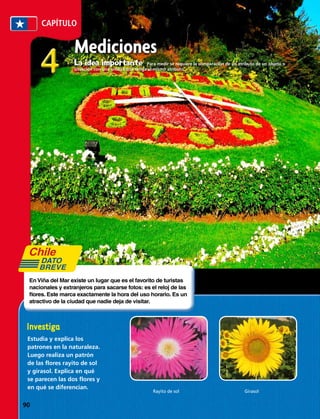 CAPÍTULO
44
Mediciones
La idea importante  Para medir se requiere la comparación de un atributo de un objeto o
situación con una unidad que tenga el mismo atributo.
Estudia y explica los
patrones en la naturaleza.
Luego realiza un patrón
de las flores rayito de sol
y girasol. Explica en qué
se parecen las dos flores y
en qué se diferencian.
EnViña del Mar existe un lugar que es el favorito de turistas
nacionales y extranjeros para sacarse fotos: es el reloj de las
flores. Este marca exactamente la hora del uso horario. Es un
atractivo de la ciudad que nadie deja de visitar.
DATO
BREVE
Rayito de sol Girasol
90 
 