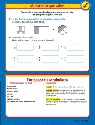 Comprueba si has aprendido las destrezas que se necesitan
para el aprendizaje del capítulo 5.
C	 Escribe fracciones a partir de su representación gráfica
Escribe una fracción para cada dibujo.
1.	 		 2.		 3.	
					
C	Representa fracciones
Dibuja las fracciones que aparecen a continuación.
4.	 5.	 6.
7.	 8.	 9.
	 VOCABULARIO DEL CAPÍTULO
numerador
denominador
número mixto
entero
fracción
fracción unitaria
fracciones con igual denominador
PREPARACIÓN
fracción división en partes iguales de un entero.
fracción propia fracción donde el denominador es
mayor que el numerador. Son fracciones menores
que el entero.
fracción impropia fracción donde el denominador
es menor que el numerador. Son fracciones mayores
que el entero.
1
12
1
16
1
16
1
16
1
16
1
16
1
16
1
16
1
16
1
16
1
16
1
16
1
16
1
16
1
16
1
12
1
12
1
12
1
12
1
12
1
12
1
12
1
12
1
12
1
12
1
1
1
2
1
8
2
3
4
6
3
4
1
3
Capítulo 5 117
 