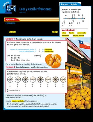 Aprende
Repaso rápido
10 200
A B C D E
Leer y escribir fracciones
OBJETIVO: leer y escribir fracciones.
	​1
 __ 
8
​	​2
 __ 
8
​	​3
 __ 
8
​	​4
 __ 
8
​	​5
 __ 
8
​	​6
 __ 
8
​	​7
 __ 
8
​	​8
 __ 
8
​
PROBLEMA  Benito se comió una naranja que tenía 8 gajos iguales.
Se comió 2 de los gajos. ¿Qué fracción expresa la cantidad de la
naranja que se comió Benito?
Una fracción es un número que representa una parte de un entero
o de un grupo.
Ejemplo 1  Nombra una parte de un entero.
El número de secciones que se comió Benito eran parte del número
total de gajos de la naranja.
Nombra el número que
representa cada letra.
Vocabulario
entero	 fracción	 denominador
numerador	 fracción unitaria
1.  A 	 2.  D 	 3.  E 
4.  C 	 5.  B 
Lee: dos octavos
dos de ocho
dos dividido entre ocho
Escribe: ​2
 __ 
8
​
​2
 __ 
8
​
Por lo tanto, Benito se comió ​ 2 _ 8
 ​de la naranja.
Ejemplo 2  Cuenta las partes iguales de un entero.
Puedes contar las partes iguales, como los octavos,
para formar un entero.
​8
 __ 
8
​ 5 un entero o 1
número de partes que comió Benito 
total de partes iguales 
  numerador
  denominador
Cada parte igual de un entero es ​ 1
 _ 
8
 ​. La fracción ​ 1
 _ 
8
 ​ es
un fracción unitaria.
En una fracción unitaria el numerador es 1.
•	En el ejemplo 1, ¿cómo puedes hallar la fracción de la naranja
que Benito no se comió contando las partes iguales?
LECC IÓN
5-15-1
118 
 