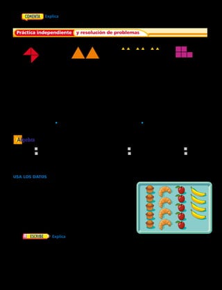 6.	  Explica qué puede representar una fracción. 
Escribe una fracción para la parte sombreada. Escribe una fracción para la parte no sombreada. 
	7.	
 
	8.	 	 9.	 	 10.	
Haz un dibujo y sombrea una parte para mostrar la fracción. Escribe una fracción para la parte no
sombreada.
	11.	 ​7
 __ 
8
​  ​​	 12.	 ​5
 __ 
9
​	13.	​
12
 ___ 
12
​​	14.	 ​ 8
 ___ 
10
​
Escribe la fracción para cada ejercicio.
	15.	 un séptimo​	 16.	 seis de seis	17.	 tres dividido entre 	 	 18.	 dos tercios
						cuatro
Escribe la fracción que nombra al punto.
	19.	
10
 	20.	
10
	 Álgebra Escribe la fracción que falta.
	21.	 ​1
 __ 
8
​ , ​2
 __ 
8
​ , ​j
 __ 
j
​, ​4
 __ 
8
​ , ​5
 __ 
8
​  ​	22.	 ​ 5
 ___ 
12
​ , ​ 6
 ___ 
12
​ , ​ 7
 ___ 
12
​ , ​ 8
 ___ 
12
​ , ​j
 __ 
j
​  ​ ​	23.	 ​ 7
 ___ 
16
​ , ​ 6
 ___ 
16
​ , ​ 5
 ___ 
16
​ , ​j
 __ 
j
​ , ​ 3
 ___ 
16
​  ​ 
USA los DATOS  Para los ejercicios 24 al 26, usa la ilustración.
	24.	 ¿Qué fracción de los artículos de la bandeja es fruta?  ​ 
	25.	 ¿Qué fracción de los artículos de la bandeja no es ni
queque ni manzanas?
	26.	 Escribe el número total de artículos de la bandeja
como una fracción.
	27.	 Diego compró 15 manzanas, 5 plátanos y 10 peras para
una fiesta. ¿Qué fracción de la fruta que compró Diego
son peras?
	28.	 Explica cómo puedes hacer un dibujo
de la misma fracción de tres formas diferentes. Después,
da ejemplos de tu explicación.
Práctica independiente y resolución de problemas
120 
 