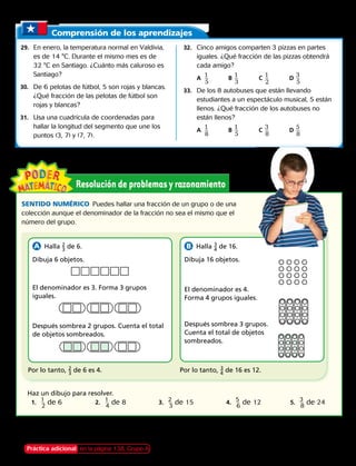 Comprensión de los aprendizajes
SENTIDO NUMÉRICO  Puedes hallar una fracción de un grupo o de una
colección aunque el denominador de la fracción no sea el mismo que el
número del grupo.
	29.	 En enero, la temperatura normal en Valdivia,
es de 14 °C. Durante el mismo mes es de
32 °C en Santiago. ¿Cuánto más caluroso es
Santiago?
30.	 De 6 pelotas de fútbol, 5 son rojas y blancas.
¿Qué fracción de las pelotas de fútbol son
rojas y blancas?
31.	 Usa una cuadrícula de coordenadas para
hallar la longitud del segmento que une los
puntos (3, 7) y (7, 7).
32.	 Cinco amigos comparten 3 pizzas en partes
iguales. ¿Qué fracción de las pizzas obtendrá
cada amigo?
	A	 ​	1 __ 
5
​	 B	​1 __ 
3
​	 C	​1 __ 
2
​	 D	​3 __ 
5
​
33.	 De los 8 autobuses que están llevando
estudiantes a un espectáculo musical, 5 están
llenos. ¿Qué fracción de los autobuses no
están llenos?
	 A	 ​	1 __ 
8
​	 B	​1 __ 
5
​	 C	​3 __ 
8
​	 D	​5 __ 
8
​
Haz un dibujo para resolver.
	 1.	 ​1 __ 
2
​de 6	2.	 ​1 __ 
4
​de 8	3.	 ​2 __ 
3
​de 15	4.	 ​5
 __ 
6
​de 12	5.	 ​3
 __ 
8
​de 24
  Halla ​ 2 _ 3
 ​de 6.
Dibuja 6 objetos.
El denominador es 3. Forma 3 grupos
iguales.
Después sombrea 2 grupos. Cuenta el total
de objetos sombreados.
  Halla ​ 3
 _ 4
 ​de 16.
Dibuja 16 objetos.
El denominador es 4.
Forma 4 grupos iguales.
Después sombrea 3 grupos.
Cuenta el total de objetos
sombreados.
Por lo tanto, ​ 2 _ 3
 ​de 6 es 4. Por lo tanto, ​ 3
 _ 4
 ​de 16 es 12.
Práctica adicional en la página 138, Grupo A Capítulo 5 121
 