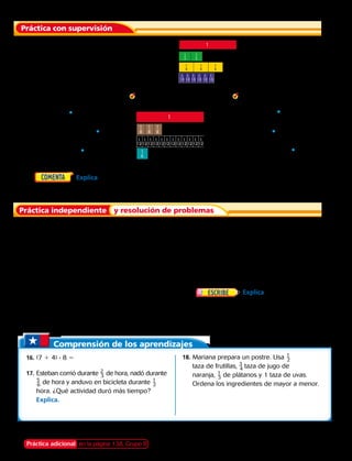 ​ 7
 _ 
8
 ​
​ 1
 _ 
2
 ​
Práctica adicional en la página 138, Grupo B
Comprensión de los aprendizajes
1
1
2
1
5
1
5
1
5
1
5
1
1
2
1
5
1
5
1
5
1
5
10
10
10
10
10
10
	1.	 Usa las barras de fracciones para ordenar
​ 2
 
_ 5 ​ , ​ 3
 
_ 4 ​y ​ 6
 
__ 10 ​de menor a mayor.
Ordena las fracciones de mayor a menor.
	2.	 ​
1
 __ 
2
​, ​
7
 __ 
8
​, ​
4
 __ 
6
​	 3.	 ​
3
 __ 
8
​, ​
12
 ___ 
12
​, ​
1
 __ 
6
​	 4.	 ​ 
4
 ___ 
10
​, ​
1
 __ 
3
​, ​
3
 __ 
5
​
Ordena las fracciones de menor a mayor.
	6.	​1
 __ 
2
​, ​1
 __ 
8
​, ​1
 __ 
4
​	 7.	​  8
 ___ 
16
​, ​1
 __ 
5
​, ​  3
 ___ 
10
​	 8.	​5
 __ 
6
​, ​2
 __ 
3
​, ​1
 __ 
2
​	 9.	​3
 __ 
5
​, ​2
 __ 
4
​, ​  8
 ___ 
12
​
Ordena las fracciones de mayor a menor.
	10.	​2
 __ 
4
​, ​  8
 ___ 
10
​, ​  3
 ___ 
12
​	 11.	​1
 __ 
6
​, ​1
 __ 
8
​, ​1
 __ 
2
​	 12.	​2
 __ 
6
​, ​9
 __ 
9
​, ​  1
 ___ 
12
​	 13.	​2
 __ 
3
​, ​2
 __ 
4
​, ​2
 __ 
5
​
14.	 Lily usó ​ 3
 
_ 4 ​de taza de semillas, ​ 5
 
_ 8 ​de taza de
moras y ​ 3
 
__ 10 ​de taza de pasas para hacer
una mezcla. Ordena los ingredientes de
menor a mayor.
	15.	
   
Explica cómo puedes saber
qué fracción es la menor o la mayor usando
barras de fracciones.
​ 4 _ 
6
​
​  4 __ 
10
​
	5.	
   Explica cómo usarías rectas
numéricas para ordenar ​ 2
 
_ 3 ​, ​ 1
 
_ 2 ​ y ​ 4
 
_ 5 ​de menor a mayor.
16. (7 1 4) · 8 5
17. Esteban corrió durante ​ 2
 
_ 3 ​de hora, nadó durante
​ 5
 
_ 6 ​de hora y anduvo en bicicleta durante ​ 1
 
_ 2 ​
hora. ¿Qué actividad duró más tiempo?
Explica.
18. Mariana prepara un postre. Usa ​ 1
 
_ 2 ​
taza de frutillas, 3
 
_ 4  taza de jugo de
naranja,  1
 
_ 3  de plátanos y 1 taza de uvas.
Ordena los ingredientes de mayor a menor.
Práctica con supervisión
Práctica independiente y resolución de problemas
​ 3
 _ 
5
 ​
​ 1
 _ 
3
 ​
1
4
1
4
1
4
1
5
1
5
Capítulo 5 125
 