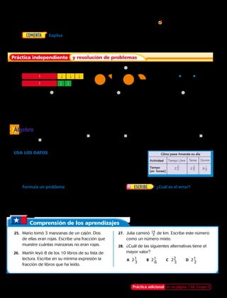 Comprensión de los aprendizajes
Cómo pasa Amanda su día
Actividad
Tiempo
(en horas)
Tiempo Libre Tarea Dormir
2
3
4 2
2
3 9
1
4
Álgebra
4 	 ​ 1
 
_
 3 ​	 ​ 2
 
_
 3 ​	 5
Ordena los números mixtos de mayor a menor.
	5.	 4​
1
 __ 
6
​, 3​
2
 __ 
3
​, 4​
3
 __ 
4
​	6.	 2​
1
 __ 
4
​, 2​
1
 __ 
3
​, 2​
2
 __ 
5
​,	 7.	 3​3 __ 
4
​, 3​
2
 __ 
5
​, 3​
1
 __ 
2
​	  8.	 1​
7
 __ 
9
​, 1​
1
 __ 
2
​, 1​
12
 ___ 
18
​
	9.	 Explica cómo compararías los números mixtos 4​  5
 
__ 
12
 ​y 2​ 7
 
_ 
8
 ​.
Compara los números mixtos. Usa ,, . o 5 para cada .
	10.	 	 11.	 	 12.	
Ordena los números mixtos de menor a mayor.
	13.	 8​3 _ 
4
​, 7​  3 ___ 
10
​, 8​1 __ 
2
​	14.	 3​1 __ 
2
​, 3​2 __ 
3
​, 2​  4 ___ 
16
​	15.	 4​2 __ 
6
​, 4​2 __ 
3
​, 4​  2 ___ 
12
​	16.	 5​2 __ 
5
​, 5​  6 ___ 
10
​, 5​2 __ 
7
​
	 Encuentra el número que falta.
	17.	 1​ 1 _ 4
 ​ , 1​  1 __ 
j
​, 1​1 __ 
2
​ 	 18.	 2​5 __ 
6
​ . 2​j __ 
5
 ​ . 2​1 __ 
3
​	 19.	 4​j __ 
6
 ​ , 4​2 __ 
5
​ , 4​3 __ 
4
​	 20.	 2​1 __ 
5
​ , 2​  3 ___ 
10
​ , 2​j __ 
2
 ​ 
USA los DATOS  Para los ejercicios 21 a 23, usa la tabla.
	21.	 ¿A qué actividad le dedica más tiempo Amanda?
¿Y menos tiempo?
	22.	 ¿A qué actividad le dedica Amanda ​ 11
 
__ 4 ​horas? ¿A qué
otra actividad le dedica casi el mismo tiempo?
	23.	 Formula un problema  Usa la información
de la tabla para escribir un problema en
el que se ordenen números mixtos. Pide a
un compañero de la clase que resuelva el
problema.
	24.	 ¿Cuál es el error? Ignacia
dice que 3​ 1 _ 2
 ​es menor que ​ 13
 
__ 4 ​porque el
denominador 2 es menor que el
denominador 4. Describe su error.
	25.	 Mario tomó 3 manzanas de un cajón. Dos
de ellas eran rojas. Escribe una fracción que
muestre cuántas manzanas no eran rojas.
26.	 Martín leyó 8 de los 10 libros de su lista de
lectura. Escribe en su mínima expresión la
fracción de libros que ha leído.
	27.	 Julia caminó ​ 14
 
__ 3 ​de km. Escribe este número
como un número mixto.
	28.	 ¿Cuál de las siguientes alternativas tiene el
mayor valor? 
		A	 2​1 __ 
3
​	 B	 2​1 __ 
6
​	C	 2​2 __ 
3
​	 D	 2​1 __ 
2
​
1​3 __ 
4
​ 1​2 __ 
5
​  1​1 __ 
8
​  1​1 __ 
3
​  4​2 __ 
3
​  4​1 __ 
3
​ 
Práctica independiente y resolución de problemas
Práctica adicional en la página 138, Grupo C128 
 