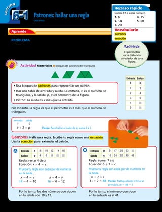 LECC IÓN
Patrones:hallarunaregla
OBJETIVO: hallar una regla para una relación entre números y
escribir una ecuación para la regla.
Aprende
Entrada x 8 10 12 14 16
Salida y 4 6 8 j j
Entrada b 9 17 25 33 j
Salida c 16 24 32 40 48
Entrada Salida
t p
1 3
2 4
3 5
4 j
5 j
Ejemplos  Halla una regla. Escribe tu regla como una ecuación.
Usa la ecuación para extender el patrón.
Recuerda
PROBLEMA  Tengo un triángulo. Si cada lado tiene 1 unidad de
longitud, su perímetro sería de 3 unidades. Si agrego un segundo
triángulo o un tercer triángulo, ¿cómo puedo saber el perímetro de la
nueva figura formada por los 3 triángulos?
Actividad Materiales ■ bloques de patrones de triángulos
Por lo tanto, la regla es que el perímetro es 2 más que el número de
triángulos.
Regla: restar 4 de x
Ecuación: x 2 4 5 y
Prueba tu regla con cada par de números
en la tabla.
	x 2 4 5 y		x 2 4 5 y
14 2 4 5 10	 16 2 4 5 12
Regla: sumar 7 a b
Ecuación: b 1 7 5 c
Prueba tu regla con cada par de números en
la tabla.
		 b 1 7 5 c
	41 1 7 5 48	Piensa: Trabaja desde el final al
principio, b 5 48 2 7
•	Usa bloques de patrones para representar un patrón.
•	Haz una tabla de entrada y salida. La entrada, t, es el número de
triángulos, y la salida, p, es el perímetro de la figura.
•	Patrón: La salida es 2 más que la entrada.
Por lo tanto, los dos números que siguen
en la salida son 10 y 12.
Por lo tanto, el número que sigue
en la entrada es el 41.
El perímetro
es la distancia
alrededor de una
figura.
entrada	 salida
	 t 1 2 5 p	 Piensa: Para hallar el valor de p, suma 2 a t.
Repaso rápido
Suma 12 a cada número.
1.	6
2.	14
3.	23
4.	35
5.	60
Vocabulario
patrones
ecuación
6-16-1
144 
 