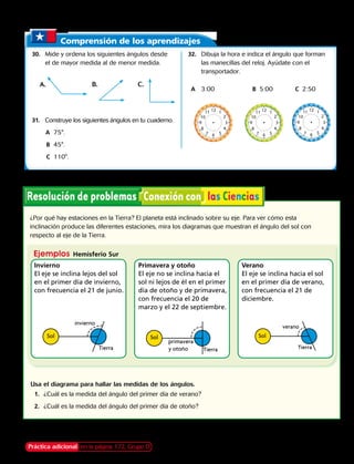 Comprensión de los aprendizajes
invierno
Sol
Tierra
primavera
y otoño Tierra
Sol
verano
Tierra
Sol
¿Por qué hay estaciones en la Tierra? El planeta está inclinado sobre su eje. Para ver cómo esta
inclinación produce las diferentes estaciones, mira los diagramas que muestran el ángulo del sol con
respecto al eje de la Tierra.
Verano
El eje se inclina hacia el sol
en el primer día de verano,
con frecuencia el 21 de
diciembre.
Primavera y otoño
El eje no se inclina hacia el
sol ni lejos de él en el primer
día de otoño y de primavera,
con frecuencia el 20 de
marzo y el 22 de septiembre.
Invierno
El eje se inclina lejos del sol
en el primer día de invierno,
con frecuencia el 21 de junio.
Ejemplos  Hemisferio Sur
Usa el diagrama para hallar las medidas de los ángulos.
	1.	 ¿Cuál es la medida del ángulo del primer día de verano?
	2.	 ¿Cuál es la medida del ángulo del primer día de otoño?
30.	 Mide y ordena los siguientes ángulos desde
el de mayor medida al de menor medida.
31.	 Construye los siguientes ángulos en tu cuaderno.
	 	A	 75°.
	 	B	 45°.
	 	C	 110°.
32.	 Dibuja la hora e indica el ángulo que forman
las manecillas del reloj. Ayúdate con el
transportador.
	 A	 3:00		 B  5:00		 C  2:50
Práctica adicional en la página 172, Grupo D
A. B. C.
8
9
10
11 12
7 6 5
4
3
2
1
8
9
10
11 12
7 6 5
4
3
2
1
8
9
10
11 12
7 6 5
4
3
2
1
8
9
10
1
8
9
10
1
8
9
10
1
8
9
1
8
9
1
8
9
1
8
9
10
11 12
7 6 5
4
3
2
1
8
9
10
11 12
7 6 5
4
3
2
1
8
9
10
11 12
7 6 5
4
3
2
1
8
9
10
11 12
7 6 5
4
3
2
1
8
9
10
11 12
7 6 5
4
3
2
1
8
9
10
11 12
7 6 5
4
3
2
1
8
9
10
11 12
7 6 5
4
3
2
1
8
9
10
11 12
7 6 5
4
3
2
1
8
9
10
11 12
7 6 5
4
3
2
1
8
9
10
11 12
7 6 5
4
3
2
1
8
9
10
11 12
7 6 5
4
3
2
1
8
9
10
11 12
7 6 5
4
3
2
1
8
9
10
11 12
7 6 5
4
3
2
1
8
9
10
11 12
7 6 5
4
3
2
1
8
9
10
11 12
7 6 5
4
3
2
1
8
9
10
11 12
7 6 5
4
3
2
1
8
9
10
11 12
7 6 5
4
3
2
1
8
9
10
11 12
7 6 5
4
3
2
1
8
9
10
11 12
7 6 5
4
3
2
1
8
9
10
11 12
7 6 5
4
3
2
1
8
9
10
11 12
7 6 5
4
3
2
1
Capítulo 6 155
 
