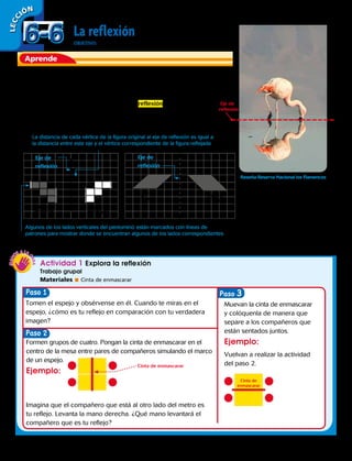 Aprende
La reflexión
OBJETIVO: reflejar figuras 2D.
En la Reserva Nacional de los Flamencos, ubicada en San Pedro
de Atacama, al norte de Chile, es común ver la imagen de estas
magníficas aves reflejadas en el agua.
Este movimiento de las figuras se llama reflexión. En ella la
figura se refleja entorno a un eje horizontal, vertical o diagonal
denominado eje de reflexión. Este movimiento genera figuras que
tienen la misma forma y el mismo tamaño.
Actividad 1 Explora la reflexión
Trabajo grupal
Materiales  Cinta de enmascarar
LECC IÓN
Paso
Paso
Paso 3
Tomen el espejo y obsérvense en él. Cuando te miras en el
espejo, ¿cómo es tu reflejo en comparación con tu verdadera
imagen?
Muevan la cinta de enmascarar
y colóquenla de manera que
separe a los compañeros que
están sentados juntos.
Ejemplo:
Vuelvan a realizar la actividad
del paso 2.
Formen grupos de cuatro. Pongan la cinta de enmascarar en el
centro de la mesa entre pares de compañeros simulando el marco
de un espejo.
Ejemplo:
Imagina que el compañero que está al otro lado del metro es
tu reflejo. Levanta la mano derecha. ¿Qué mano levantará el
compañero que es tu reflejo?
Cinta de enmascarar
Cinta de
enmascarar
Eje de
reflexión
6-66-6
Figura
original
Figura
original
Figura
reflejada
Reseña Reserva Nacional los Flamencos
La Reserva Nacional los Flamencos fue
creada en 1990 por la CONAF, posee 73
986,5 ha, se ubica en la comuna de San
Pedro de Atacama, Región de Antofagasta,
en Chile.
(ha = hectárea. 1 hectárea = 10 000 metros
cuadrados)
Esta Reserva está dividida en 7 sectores
ubicados a diferentes alturas, cada uno con
condiciones climáticas particulares, lo que
provoca que cada sector posea diferente
población vegetal y animal.
Figura
reflejada
Eje de
reflexión
Eje de
reflexión
Algunos de los lados verticales del pentominó están marcados con líneas de
patrones para mostrar donde se encuentran algunos de los lados correspondientes
La distancia de cada vértice de la figura original al eje de reflexión es igual a
la distancia entre este eje y el vértice correspondiente de la figura reflejada
160 
 