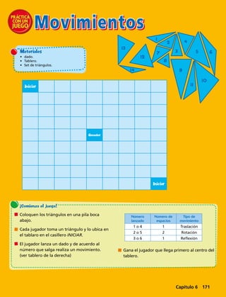 Movimientos
Iniciar
Ganador
Iniciar
Materiales
•	 dado.
•	 Tablero.
•	 Set de triángulos.
1
2
3
4
57
8
9
10
11
12
13
14
6
¡Comienza el juego! 
	 Coloquen los triángulos en una pila boca
abajo.
	 Cada jugador toma un triángulo y lo ubica en
el tablaro en el casillero INICIAR.
	 El jugador lanza un dado y de acuerdo al
número que salga realiza un movimiento.
(ver tablero de la derecha)
	 Gana el jugador que llega primero al centro del
tablero.
Número
lanzado
Número de
espacios
Tipo de
movimiento
1 o 4 1 Traslación
2 o 5 2 Rotación
3 o 6 1 Reflexión
Capítulo 6 171
 