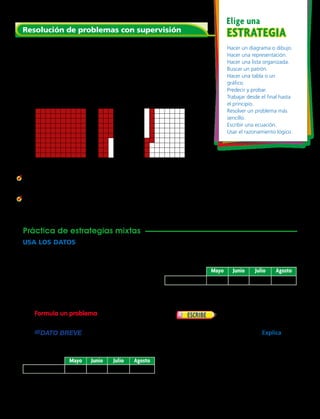 Resolución de problemas con supervisión
	1.	 Camilo mide 1,26 metros de estatura y su hermano Javier
mide 1,37 metros de estatura. ¿Cuántos centímetros más
mide Javier que Camilo?
		Primero: Haz una representación pintando tantos
cuadrados como mide Javier.
		Después: Quita los cuadrados equivalentes a la estatura
de Camilo.
		Por último: Regista la diferencia.
	2.	 ¿Qué pasaría si Camilo hubiera medido 1,36 m. ¿Cuánto
habría sido la diferencia?
	3.	 Antonieta pesaba 56,5 kilogramos y durante su embarazo
subió 12,3 kg. ¿Qué peso tenía Antonieta al término del
embarazo?
ESTRATEGIAESTRATEGIA
Elige una
Hacer un diagrama o dibujo.
Hacer una representación.
Hacer una lista organizada.
Buscar un patrón.
Hacer una tabla o un
gráfico.
Predecir y probar.
Trabajar desde el final hasta
el principio.
Resolver un problema más
sencillo.
Escribir una ecuación.
Usar el razonamiento lógico.
USA LOS DATOS Para los ejercicios 4 al 6,
usa la tabla.
	4.	 ¿Cuántos milímetros de lluvia cayeron entre
mayo y junio?
	5.	 Si los milímetros que llovió durante el mes de
mayo se repitieran durante los cuatro meses,
¿cuántos milímetros de lluvia habrán caído
durante esos meses?
	6.	 Formula un problema Usa la tabla y
escribe un problema de adición.
	7.	 La lluvia mensual normal
medida en milímetros en la misma ciudad es
la siguiente:
		 Si el patrón continúa, ¿cuánto lloverá en el
mes de agosto?
Práctica de estrategias mixtas
DATO BREVE
Mayo Junio Julio Agosto
Lluvia normal 12,06 13,1 14, 14
En una lejana ciudad llamada Llueve mucho se
registraron los siguientes valores en milímetros
para las precipitaciones del año 2012.
	 8.	 Durante los primeros cuatro
meses del año 2012 en esa ciudad del norte
llovió en total 44,26 milímetros. Explica
¿Cómo puedes hallar los milímetros de lluvia
caídos durante el resto del año?
Mayo Junio Julio Agosto
Lluvia (mm) 8,7 10,34 8,58 9,6
Capítulo 7 195
 