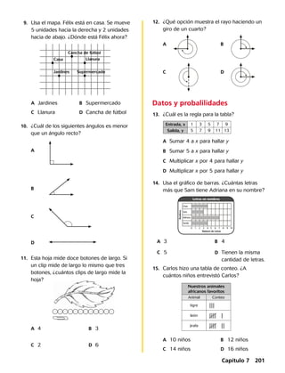 A	 Jardines
	 C	Llanura
	9.	 Usa el mapa. Félix está en casa. Se mueve
5 unidades hacia la derecha y 2 unidades
hacia de abajo. ¿Dónde está Félix ahora?
	10.	 ¿Cuál de los siguientes ángulos es menor
que un ángulo recto?
	 B	 Supermercado
	 D	 Cancha de fútbol
	 A
	 B
	 C
	 D
	 A	 4 	 B	 3
	 A	 3 	 B	 4
	 A	 10 niños 	 B	 12 niños
	 A	 Sumar 4 a x para hallar y
	 B	 Sumar 5 a x para hallar y
	 C	 Multiplicar x por 4 para hallar y
	 D	 Multiplicar x por 5 para hallar y
	 A	 	 B	
	 C	 2 	 D	 6
	 C	 5
	 C	 14 niños 	 D	 16 niños
	 C	 	 D	
	14.	 Usa el gráfico de barras. ¿Cuántas letras
más que Sam tiene Adriana en su nombre?
	15.	 Carlos hizo una tabla de conteo. ¿A
cuántos niños entrevistó Carlos?
	13.	 ¿Cuál es la regla para la tabla?
	11.	 Esta hoja mide doce botones de largo. Si
un clip mide de largo lo mismo que tres
botones, ¿cuántos clips de largo mide la
hoja?
	12.	 ¿Qué opción muestra el rayo haciendo un
giro de un cuarto?
Datos y probalilidades
Casa
Jardines Supermercado
Llanura
Cancha de fútbol
	 D	 Tienen la misma
cantidad de letras.
Entrada, x 1 3 5 7 9
Salida, y 5 7 9 11 13
Nuestros animales
africanos favoritos
Animal Conteo
tigre
león
jirafa
Chen
Sam
Adriana
Sandy
0	1	2	3	4	5	6	7	8	9	10
Nombres
Número de Letras
Letras en nombres
Capítulo 7 201
 