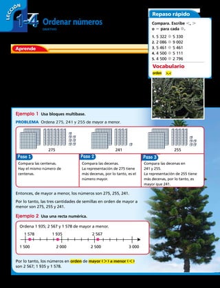 Ejemplo 2  Usa una recta numérica.
Por lo tanto, los números en orden de mayor (  ) a menor (  )
son 2 567; 1 935 y 1 578.
Entonces, de mayor a menor, los números son 275, 255, 241.
Por lo tanto, las tres cantidades de semillas en orden de mayor a
menor son 275, 255 y 241.
Ejemplo 1  Usa bloques multibase.
Ordena 1 935; 2 567 y 1 578 de mayor a menor.
Ordenar números
ObjetivO: ordenar números hasta los diez mil usando bloques multibase,
rectas numéricas y el valor posicional.
¿Sabías que la araucaria es el árbol sagrado de los mapuches?
Las semillas, llamadas piñones, son comestibles y tienen un alto
valor nutricional. Constituyen la base de la dieta de
los mapuches.
Cada piña contiene entre 130 y 300 piñones.
Ordenaremos de mayor a menor tres cantidades de semillas
producidas por tres piñas (275, 241 y 255).
PROBLEMA  Ordena 275, 241 y 255 de mayor a menor.
Aprende
1 500 2 000 2 500 3 000
1 578 1 935 2 567
275 241 255
Paso Paso
Compara las centenas.
Hay el mismo número de
centenas.
Compara las decenas.
La representación de 275 tiene
más decenas, por lo tanto, es el
número mayor.
Compara las decenas en
241 y 255.
La representación de 255 tiene
más decenas, por lo tanto, es
mayor que 241.
Repaso rápido
Compara. Escribe ,, .
o 5 para cada d.
1. 5 322 d 5 330
2. 2 086 d 9 002
3. 5 461 d 5 461
4. 4 500 d 5 111
5. 4 500 d 2 796
Vocabulario
orden 	 ,
Paso 3
1-41-4
LECC IÓN
12 
 
