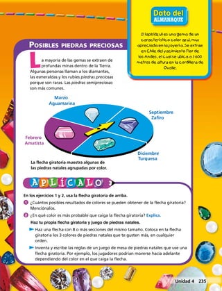 Febrero
Marzo
Septiembre
Diciembre
Amatista
Aguamarina
Zafiro
Turquesa
a mayoría de las gemas se extraen de 	
profundas minas dentro de la Tierra.
Algunas personas llaman a los diamantes,
las esmeraldas y los rubíes piedras preciosas
porque son raras. Las piedras semipreciosas
son más comunes.
Posibles piedras preciosas
En los ejercicios 1 y 2, usa la flecha giratoria de arriba.
1	¿Cuántos posibles resultados de colores se pueden obtener de la flecha giratoria?
Menciónalos.
2	¿En qué color es más probable que caiga la flecha giratoria? Explica.
	 	Haz tu propia flecha giratoria y juego de piedras natales.
C	Haz una flecha con 8 o más secciones del mismo tamaño. Coloca en la flecha
giratoria los 3 colores de piedras natales que te gusten más, en cualquier
orden.
C	Inventa y escribe las reglas de un juego de mesa de piedras natales que use una
flecha giratoria. Por ejemplo, los jugadores podrían moverse hacia adelante
dependiendo del color en el que caiga la flecha.
L
La flecha giratoria muestra algunas de
las piedras natales agrupadas por color.
El lapislázuli es una gema de un
característico color azul, muy
apreciada en la joyería. Se extrae
en Chile del yacimiento Flor de
los Andes, el cual se ubica a 3 600
metros de altura en la cordillera de
Ovalle.
Unidad 4  235
 