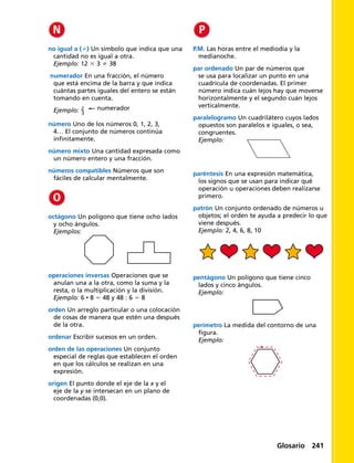 no igual a () Un símbolo que indica que una
cantidad no es igual a otra.
Ejemplo: 12 3 3  38
numerador En una fracción, el número
que está encima de la barra y que indica
cuántas partes iguales del entero se están
tomando en cuenta.
Ejemplo: ​ 2 _ 3
 ​ numerador
número Uno de los números 0, 1, 2, 3,
4… El conjunto de números continúa
infinitamente.
número mixto Una cantidad expresada como
un número entero y una fracción.
números compatibles Números que son
fáciles de calcular mentalmente.
octágono Un polígono que tiene ocho lados
y ocho ángulos.
Ejemplos:
operaciones inversas Operaciones que se
anulan una a la otra, como la suma y la
resta, o la multiplicación y la división.
Ejemplo: 6 • 8 5 48 y 48 : 6 5 8
orden Un arreglo particular o una colocación
de cosas de manera que estén una después
de la otra.
ordenar Escribir sucesos en un orden.
orden de las operaciones Un conjunto
especial de reglas que establecen el orden
en que los cálculos se realizan en una
expresión.
origen El punto donde el eje de la x y el
eje de la y se intersecan en un plano de
coordenadas (0,0).
P.M. Las horas entre el mediodía y la
medianoche.
par ordenado Un par de números que
se usa para localizar un punto en una
cuadrícula de coordenadas. El primer
número indica cuán lejos hay que moverse
horizontalmente y el segundo cuán lejos
verticalmente.
paralelogramo Un cuadrilátero cuyos lados
opuestos son paralelos e iguales, o sea,
congruentes.
Ejemplo:
paréntesis En una expresión matemática,
los signos que se usan para indicar qué
operación u operaciones deben realizarse
primero.
patrón Un conjunto ordenado de números u
objetos; el orden te ayuda a predecir lo que
viene después.
Ejemplo: 2, 4, 6, 8, 10
pentágono Un polígono que tiene cinco
lados y cinco ángulos.
Ejemplo:
perímetro La medida del contorno de una
figura.
Ejemplo:
Glosario 241
 