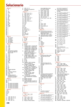 •	Página 3		 	
1.	 20
2.	1
3.	300
4.	 5 000
5.	3
6.	200
7.	 2 000
8.	800
9.	35
10.	804
11.	 7 221
12.	78
13.	563
14.	 2 046
15.	649
16.	 3 208
17.	 5 751
18.	 
19.	 
20.	
21.	 
22.	
23.	
24.	
25.	=
•	Página 4		 	
1.	 800 unidades
2.	 7 unidades
3.	 200 unidades
4.	 90 unidades
5.	 600 unidades
•	Página 6		 	
1.	 1 347
2.	 8 258
3.	 3 114
4.	 1 308
5.	 2 034
6.	 Debo observar la posición
	 que tiene cada dígito para
	 saber su valor.
7.	 9 731
8.	 2 004
9.	 8 502
10.	 7 391
11.	 6 054
12.	 2 389
13.	 6 000
14.	800
15.	 5 000
16.	4
17.	6
18.	70
19.	200
20.	50
21.	 Múltiples respuestas
22.	 7 243
23.	 0 centenas, 0 decenas
24.	 No, es 9 999
25.	 4 350
26.	 ¿Cuántos frascos de
	 mermeladas de moras se
	 vendieron el año 2003?
•	Página 7		 	
27.	 $ 20 más
28.	C
29.	D
1.	 Ver cuaderno del estudiante
2.	 Ver cuaderno del estudiante
3.	 Ver cuaderno del estudiante
4.	 Ver cuaderno del estudiante
5.	 Ver cuaderno del estudiante
•	Página 8		 	
1. 600
2. 1 000
3. 900
4. 2
5. 0
1.	 1 000 + 500 + 90 + 8
2.	 4 000 + 200 + 70 + 8
3.	 2 000 + 500 + 7
4.	 3 000 + 800 + 90
5.	 5 000 + 30 + 2
6.	 Fijándose en la posición de
	 cada dígito
•	Página 9		 	
7.	 2 000 + 500 + 90 + 4
8.	 6 000 + 800 + 40 + 7
9.	 3 000 + 20 + 6
10.	 8 000 + 400 + 1
11.	 4 000 + 700 + 60 + 3
12.	 1 000 + 500 + 90
13.	 5 000 + 200 + 7
14.	 7 000 + 100 + 80 + 5
15.	 6 738
16.	 9 102
17.	700
18.	90
19.	20
20.	 8 000
21.	 800 + 80 + 7
22.	 Es 800 + 90 + 7
23.	 1 galleta
24.	900
25.	 2 000 + 30
26.	 60 minutos
27.	C
•	Página 10	 	
1.	 $ 3 000
2.	 $ 1 000
3.	 $ 750
•	Página 11	 	
1.	 $ 20 040
2.	 $ 6 581
3.	 2 billetes $ 2 000, 1 moneda $ 500,
1 moneda $ 100, 1 moneda $ 50
4.	 1 billete $ 10 000, 1 billete $ 5 000,
1 billete $ 2 000, 4 monedas $ 100,
1 moneda $ 50, 3 monedas $ 10
5.	 1 billete $ 1 000, 1 moneda
$ 500, 4 monedas $ 100, 1
moneda $ 50, 4 monedas $ 10, 1
moneda $ 5, 4 monedas $1
6.	 1 billete $ 20 000, 1 billete
$ 5 000, 1 billete $ 2 000, 1 billete
$ 1 000, 3 monedas $ 100, 2
monedas $ 10, 1 moneda $ 5
7.	Sonia
8.	 $ 4 000
9.	 $ 7 630
10.	 3 billetes $ 1 000, 2 monedas
$ 100, 5 monedas $ 10
11.	 2 billetes $ 10 000, 6 billetes
$ 1 000, 7 monedas $ 100,
2 monedas $ 10, 3 monedas $ 1
12.	 8 billetes $ 1 000, 1 moneda $ 100,
9 monedas $ 10, 8 monedas $ 1
13.	 1 billete $ 10 000, 4 billetes
$ 1 000, 5 monedas $ 100,
6 monedas $ 10
14.	 2 billetes $ 20 000, 1 billete
$ 1 000, 1 moneda $ 100,
1 moneda $ 50
15.	 1 moneda $ 500, 3 monedas $
100, 2 monedas $ 50, 3 monedas
$ 10
16.	 Múltiples respuestas
17. 	 Múltipes respuestas
18. 1 moneda de $ 500; 2 monedas de
$ 100, una moneda de $ 50 y una
de $ 10.
•	Página 12	 	
1.	
2.	
3.	=
4.	
5.	
•	Página 13	 	
1.	 1 027  1 041  1 105
•	 Página 14		
2.	 4 784  4 788  4 793
3.	 5 997  6 038  7 000
4.	 6 000  7 925  9 100
5.	 Porque un número mientras
	 menos dígitos tiene, menor 		
	 es su valor y viceversa
6.	 8 538  8 523  8 519
7.	 2 951  2 938  2 050
8.	 8 999  3 096  1 960
9.	 2 905  2 805  2 800
10.	 2 890  2 098  2 089
11.	 9 822  8 820  8 802
12.	 549  459  456
13.	 8 778  8 070  7 870  780
14.	7
15.	 5 y 4
16.	1
17.	4
18.	 2 002 – 2 003
19.	 2 000 – 2 001
20.	 En la unidad de mil
21.	 3 157
22.	 Enrique
•	Página 15	 	
23.	 El error de Ema es que no se
	 dio cuenta de que la cantidad de
	 dígitos que tenía cada
	 número; 358  3 246  3 438
24.	 ¿Qué número está en medio al 		
	 ordenarlos de mayor a menor?
25.	 16
26.	 300
27.	D
28.	D
1.	 Medir
2.	 Identificar
3.	 Nombrar
4.	Contar
•	Página 16	 	
1.	 500
2.	500
3.	 4 400
4.	 7 400
5.	 4 000
•	Página 17	 	
1.	 Se ubica entre 8 000 y 9 000.
	 Está más cerca de 9 000
2. 	 1 000
3. 	 5 000
4. 	 9 000
5. 	 3 000
6. 	 3 000
7. 	 Como 6 es mayor que 5, se
	 redondea la unidad de mil que
	 es 5 000
8. 	 5 000
9. 	 8 000
10. 	 5 000
11. 	 2 000
12. 	 2 000
13. 	 8 000
14. 	 2 000
15. 	 ¿Cuál fue el número de personas
	 que interpretó una canción en
	 lenguaje de señas, redondeado a
	 la unidad de mil más cercana?
16. 	 Mayor: 5 999, menor: 5 500
17. 	 6 208
18. 	14
19. 	 84
20. 	 D
•	Página 18	 	
1. 	 13
2. 	 6
3. 	 15
4. 	 7
5. 	 13
1. 	 17 – 8 = 9 8 + 9 = 17
	 Emilia hizo 9 lagartijas
•	Página 19	 	
2.	 14 – 8 = 6, 8 + 6 = 14 o 6 + 8 = 14,
	 por lo tanto la respuesta es 6
3. 	 12 – 5 = 7, 7 + 5 = 12 o 12 – 7 = 5,
	 por lo tanto la respuesta es 7
4. 	 6 + 9 = 15, 15 – 6 = 9 o 9 + 6 = 15,
	 por lo tanto la respuesta es 15
5. 	 11 – 4 = 7, 11 – 7 = 4 o 4 + 7 = 11,
	 por lo tanto la respuesta es 7
6. 	 Como ambos sumandos son
	 8 solo se escribe una suma y
	 una resta
7. 	 11 – 7 = 4, 4 + 7 = 11 o 7 + 4 = 11,
	 por lo tanto la respuesta es 4
8. 	 13 – 7 = 6, 6 + 7 = 13 o 7 + 6 = 13,
	 por lo tanto la respuesta es 6
9.	 12 – 8 = 4, 4 + 8 = 12 o 8 + 4 = 12,
	 por lo tanto la respuesta es 6
10. 	 11 – 5 = 6, 6 + 5 = 11 o 5 + 6 = 11,
	 por lo tanto la respuesta es 6
11. 	 9 + 8 = 17, 8 + 9 = 17 o 17 – 8 = 9,
	 por lo tanto la respuesta es 17
12. 	 12 – 6 = 6 o 6 + 6 = 12, por lo
	 tanto la respuesta es 6
13.	 10 – 7 = 3, 3 + 7 = 10 o 7 + 3 =10,
	 por lo tanto la respuesta es 3
14.	 8 + 3 = 11, 3 + 8 = 11 o 11 – 8 = 3,
	 por lo tanto la respuesta es 11
15. 	 8 + 4 = 12, 4 + 8 = 12 o 12 – 8 = 4,
	 por lo tanto la respuesta es 12
16. 	 9 – 3 = 6, 6 + 3 = 9 o 3 + 6 = 9,
	 por lo tanto la respuesta es 6
17. 	 11 – 9 = 2, 9 + 2 = 11 o 2 + 9 = 11,
	 por lo tanto la respuesta es 9
18. 	 13 – 4 = 9, 9 + 4 = 13 o 4 + 9 = 13,
	 por lo tanto la respuesta es 9
19. 	 4 + 7 = 11; 7 + 4 = 11;
	 11 – 7 = 4; 11 – 4 = 7
20. 	5 + 5 = 10; 10 – 5 = 5
21. 	 6 + 7 = 13; 7 + 6 = 13;
	 13 – 6 = 7; 13 – 7 = 6
22. 	3 + 9 = 12; 9 + 3 = 12;
	 12 – 3 = 9; 12 – 9 = 3
23. 	12 – 6 = 6 más
24. 	 14
25. 	El 3 no pertenece a la
	 familia. 11 – 7 = 4, 11 – 4 = 7 o
	 4 + 7 = 11
26. 	 3 100  3 010  2 990
27. 	 Múltiples respuestas
28. 	4 000
29. 	 C
•	Página 20	 	
1. 	 8 000
2. 	 1 000
3. 	 6 000
4. 	 6 000
5. 	 5 000
•	Página 21	 	
1. 	 4 000 + 4 000 = 8 000; 		
	 3 612 + 4 285 = 7 897 que
	 redondeado también es 8 000
•	Página 22	 	
2. 	 4 000 + 7 000 = 11 000
3. 	 2 000 – 1 000 = 1 000
4. 	 8 000 – 6 000 = 2 000
5. 	 40 000 + 70 000 = 110 000
6. 	 200 + 2 000 = 2 200
7. 	 Porque una suma o diferencia se
	 puede redondear a distintas
	 posiciones numéricas
8. 	 2 000 + 6 000 = 8 000
9. 	 9 000 – 5 000 = 4 000
10. 	 7 000 + 3 000 = 10 000
11. 	 400 + 800 = 1 200
12. 	 5 000 – 3 000 = 2 000
13. 	 300 + 700 = 1 000
14. 	 700 – 300 = 400
15. 	 4 000 + 1 000 = 5 000
16. 	 9 000 – 3 000 = 6 000
17. 	 59 000 – 5 000 = 54 000
18. 	 11 000 – 9 000 = 2 000
19. 	 1 000 – 500 = 500
20. 	23 000 – 16 000 = 7 000
21. 	 400 + 200 + 600 = 1 200
22. 	300 + 30 + 50 + 200 = 580
23. 	2 000 + 500 + 1 000 + 500 =
	 4 000
24. 	 7 000 + 4 000
25. 	9 000 – 3 000 = 6 000
26. 	 5 000 – 3 000 = 2 000
27. 	 300 + 200 = 500
28. 	3 000 000 + 2 000 000 = 5 000 000
248 
Solucionario
 