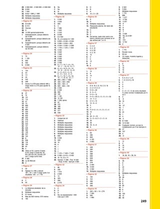 29. 	4 000 000 – 2 000 000 = 2 000 000
30. 	9 000
31. 	 1 000
32. 	 Entre 1 998 y 1 999
33. 	Múltiples respuestas
34. 	Múltiples respuestas
•	Página 23	 	
35. 	$ 8 000
36. 	$ 413
37. 	 Viernes
38. 	 D
39. 	 14 000 aproximadamente
1. 	 Sobrestimación, porque debería 		
	 ser 9 000
2. 	 Subestimación, porque debería ser 	
	 38 000
3. 	 Subestimación, porque debería ser 	
	 4 000
4. 	 Sobrestimación, porque debería 		
	 ser 60 000
•	Página 24	 	
1. 	 70
2. 	 1 100
3. 	 900
4. 	 500
5. 	 9 000
•	Página 25	 	
1. 	 124
2. 	 43
3. 	 111
4. 	 33
5. 	 442
6. 	 358
7. 	 Suma 2 a 478 para obtener 480 y
luego resta 2 a 215 para ajustar la
suma.
•	Página 26	 	
8. 	 37
9. 	 74
10. 	 131
11. 	 113
12. 	 47
13. 	 73
14. 	 669
15. 	127
16. 	 865
17. 	 204
18. 	 332
19. 	 602
20. 	355
21. 	 478
22. 	412
23. 	444
24. 	121
25. 	246
26. 	362
27. 	 149
28. 	227
29. 	122
30. 	8
31. 	 936
32. 	 118
33. 	104
34. 	40
35. 	 4
36. 	Ubico el 53, cuento 2 hasta
	 el 55, luego 5 hasta 60, de 		
	 60 a 80 son 20 y de 80 a 87 		
	 son 7, luego sumo todo
37. 	 5 382
38. 	La de Manuel
39. 	 C
•	Página 27	 	
1. 	 55
2. 	 Agrego 2 a 185 y calculo 		
	 187 – 67 = 120.Y luego quito 2 al
	 resultado: 120 – 2 = 118
•	Página 28	 	
a. 	 4
b. 	 50
•	Página 29	 	
1. 	 La distancia alrededor de la
	escuela
2. 	 Múltiples respuestas
3. 	 91 horas
4. 	 Más de 500 metros, 570 metros
5. 	 190
6. 	 No
7. 	 No
8. 	 Sí
9. 	 Múltiples repuestas
•	Página 30	 	
1. 	 4 000
2. 	 3 000
3. 	 600
4. 	 3
5. 	 7 085
6. 	 1 642
7. 	 2 533
8. 	 9 009
9. 	 $ 4 400
10. 	 Si, y le sobran $ 1 400
11. 	 8 804  8 040  8 004
12. 	 9 984  9 654  953
13. 	 9 459  3 000  2 999
14. 	 1 704  1 074  1 004
15. 	 3 342
16. 	 3 000
17. 	 7 000
18. 	 5 000
19. 	 2 000
20. 	 3 000
21. 	 2 000
22. 	6 + 7 = 13; 7 + 6 = 13;
	 13 – 7 	 = 6; 13 – 6 = 7
23. 	8 + 6 = 14; 6 + 8 = 14;
	 14 – 8 	 = 6; 14 – 6 = 8
24. 	4 + 5 = 9; 5 + 4 = 9;
	 9 – 4 = 	5; 9 – 5 = 4
25. 	8 + 7 = 15; 7 + 8 = 15;
	 15 – 7 = 8; 15 – 8 = 7
26. 	900 + 900 = 1 800
27. 	 300 + 300 = 600
28. 	400 – 400 = 0
29. 	900 – 800 = 100
30. 	2 000
31. 	 2 400
32. 	900
33. 	100
34. 	1 100
35. 	12 100
36. 	7 300, aprox.
37. 	 52
38. 	315
39. 	189
40. 	969
41. 	 317
42. 	539
•	Página 32	 	
1. 	 Unidad de mil
2. 	 Habitual
3. 	 Múltiples respuestas
4. 	 Múltiples respuestas
5. 	 Múltiples respuestas
6. 	 Múltiples respuestas
7. 	 Múltiples respuestas
8. 	 Múltiples respuestas
9. 	 600
10. 	 5 000
11. 	 200
12. 	10
13. 	 4
14. 	 
15. 	 =
16. 	 
17. 	 7 210  7 409  7 420
18. 	 5 484  8 414  9 400
19. 	 74, 73, 72 o 71
20. 	Genaro: 11 080 - Tina: 10 320
	 - Rosa 8 450 - Samuel: 4 900
•	Página 33	 	
1. 	 88
2. 	 295
3. 	 1 914
4. 	 2 609
5. 	 13
6. 	 325
7. 	 956
8. 	 2 470
•	Página 34	 	
1. 	 C
2. 	 D
3. 	 D
4. 	 No, es exactamente 1 000
	 más que 4 340
5. 	 D
6. 	 B
7. 	 A
8. 	 15 + 5 = 20
•	Página 35	 	
9. 	 A
10. 	 D
11. 	 Múltiples respuestas
12.	 Respuesta abierta. Ver texto del
estudiante
13. 	 C
14.	D
15.	C
16. 	 De barras, cada color sería una
barra y tendría que numerar en el
eje vertical del 1 al 15
•	Página 37	 	
1. 	 4, 2, 8
2. 	 3, 4, 12
3. 	 4, 5, 20
4. 	 5, 2, 10
5. 	 15
6. 	 3
7. 	 5
8. 	 12
9. 	 2
10. 	 6
•	Página 38	 	
1. 	 14
2. 	 9
3. 	 14
4. 	 7
5. 	 0
•	Página 39	 	
1. 	 8, 8, 16, 2, 8, 16, 2, 8, 16
2. 	 2, 2, 0, 6, 3, 2
3. 	 5 • 6 = 30
4. 	 9 : 3 = 3
5. 	 5 • 3 = 15
6. 	 4 • 5 = 20; 5 + 5 + 5 + 5 = 20
7. 	 14 : 7= 2
8. 	 3 • 4 = 12
9. 	 12 : 6 = 2
10. 	 V
11. 	 V
12. 	 F, 5 • 4 = 4 + 4 + 4 + 4 + 4
13. 	12
14. 	 9
15. 	 20 : 2 = 10
16. 	 3 + 3 = 6; 2 + 2 + 2 = 6
17. 	 25
18. 	 35
19. 	 18 : 3 = 6
20. 	 A
•	Página 40	 	
1. 	 60
2. 	 480
3. 	 800
4. 	 2 100
5. 	 4 800
•	Página 41	 	
1. 	 339
2. 	 290
3. 	 304
4. 	 288
5. 	 699
6. 	 848
7. 	 864
8. 	 378
9. 	 2 484
10. 	 3 045
11. 	 2 592
12. 	 Múltiples respuestas
•	Página 42	 	
1. 	 140
2. 	 154
3. 	 496
4. 	 330
5. 	 369
•	Página 44	 	
1. 	 200 + 60 + 14 = 274
2. 	 1 065
3. 	 585
4. 	 1 884
5. 	 2 324
6. 	 3 204
7. 	 Múltiples respuestas
8. 	 1 775
9. 	 896
10.	 1 477
11.	 3 756
12.	 4 257
13.	 9
14.	 7
15.	 6
16.	 8
17.	 7
18.	 3 328
19.	 No, es 8 991
20.	 35
21.	 310
22.	 3 752
23. 	 C
•	Página 45	 	
1. 	 1 770
2. 	 Escalar rocas
3. 	 60 km
4. 	 Un mapa, muestra lugares y
	distancias
•	Página 46	 	
1. 	 8
2. 	 15
3. 	 18
4. 	 16
5. 	 16
•	Página 47	 	
1.	 5; 4; 3; 2; 1 y 0.
2.	 1; 2; 3; 6; 9 y 18
3. 	 5
4. 	 2
5. 	 0
6. 	 1
7. 	 0 + 0 + 0 = 0; da como resultado
0 y todo número multiplicado por 0
es 0
8. 	 0
9.	 8
10. 	 18
11. 	 7
12.	 27
13.	 1
14. 	 4
15. 	 24
16. 	 1
17. 	 3
18.	 0
19. 	 $ 7 500
20.	 $ 10 000
21. 	 Cualquier número, ya que la
multiplicación por 0 es siempre 0.
22. 	 27
23. 	 107
24. 	 0
25.	 D
•	Página 48	 	
1. 	 12
2. 	 4
3. 	 16
4. 	 12
5. 	 10
•	Página 49	 	
1. 	 18, 36, 18 + 36, 54
•	Página 50	 	
2. 	 48
3. 	 9
4. 	 5
5. 	 42
6. 	 10
7. 	 27
8. 	 Múltiples respuestas
9. 	 10
10. 	 36
11. 	 8
12. 	 3
13. 	 8
14. 	 90
15.	7
16.	6
17.	 1
18.	100
19.	10
20.	36
 249
 