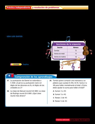 Comprensión de los aprendizajes
Práctica independiente y resolución de problemas
Secciones de la orquesta
Sección Número
Cuerdas 72
14
18
Vientos de metal
Vientos de madera
Suma o resta mentalmente. Di qué estrategia usaste.
	 8.	 94 2 57	 9.	 16 1 58	 10.	 95 1 36	 11.	 38 1 75	 12.	 93 2 46
	13.	 152 2 79	 14.	 238 1 431  	 15.	 286 2 159	 16.	 723 1 142  	 17.	 442 2 238 
	18.	 758 2 426 	 19.	 384 1 218 	 20.	 276 1 79	 21.	 576 2 98	 22.	 726 2 314
	36.	 Explica cómo hallar 87  53
usando las estrategias por descomposición
y contar hacia delante. ¿Cuál es más fácil de
usar? 
USA LOS DATOS Para los ejercicios 33 a 35,
usa la tabla y el cálculo mental.
	33.	 ¿Cuántos instrumentos conforman
una orquesta?
	34.	 Usa el cálculo mental para hallar cuántas
cuerdas más hay que instrumentos de viento
de madera y metal juntos.
	35.	 Olivia tiene 100 soportes para instrumentos.
¿Cuántos más necesita para que cada
instrumento tenga un soporte?
Halla la suma o diferencia.
	23.	 462  18	24.	 79 1 42	25.	 134 1 112	26.	 27 1 335	27.	 86 1 63
28.	 656  429	 29.	 64 1 58	30.	 47  39	31.	 211 1 725	32.	 137  19 
	37.	 La puntuación de Daniel se redondea a
5 400. ¿Cuál es su puntuación real si el
dígito de las decenas es 8 y el dígito de las
unidades es 2?
	38.	 La clase de Manuel reunió $ 6 980. La clase
de Rodrigo reunió $ 6 089. ¿Qué clase
reunió más dinero?
	39.	 Tomás quiere comprar una manzana y un
plátano que cuestan $ 48 y $ 45. Suma 2 a
48 para hallar mentalmente el total. ¿Cómo
debe ajustar la suma para hallar el total?
		A	 Sumar 2 a 45
		B	 Sumar 5 a 45
		C	 Restar 2 de 45
		D	 Restar 5 de 45
Práctica adicional en la página 30, Grupo H26 
 