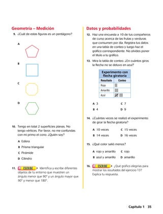 Experimento con
flecha giratoria
Resultado Conteo
Rojo 	
Amarillo 	
Azul 	
Geometría – Medición
	9.	¿Cuál de estas figuras es un pentágono?
		A
		B
		C
		D
	10.	 Tengo en total 2 superficies planas. No
tengo vértices. Por favor, no me confundas
con mi primo el cono. ¿Quién soy?
	A	 Esfera
	B	 Prisma triangular
	 C	 Pirámide
	 D	 Cilindro
	11.	  Identifica y escribe diferentes
objetos de tu entorno que muestren un
ángulo menor que 90° y un ángulo mayor que
90° y menor que 180°.
Datos y probabilidades
	12. 	 Haz una encuesta a 10 de tus compañeros
de curso acerca de las frutas y verduras
que consumen por día. Registra tus datos
en una tabla de conteo y luego haz el
gráfico correspondiente. No olvides poner
el título a tu gráfico.
	13. 	 Mira la tabla de conteo. ¿En cuántos giros
la flecha no se detuvo en azul?
	 A	 3	C	7
	B	4	D	9
	14. 	 ¿Cuántas veces se realizó el experimento
de girar la flecha giratoria?
	 A	 10 veces	C	15 veces
	B	14 veces	D	16 veces
	15. 	 ¿Qué color salió menos?
	 A	 rojo y amarillo	C	rojo
	B	azul y amarillo	D	amarillo
	16.	 ¿Qué gráfico elegirías para
mostrar los resultados del ejercicio 13?
Explica tu respuesta.
Capítulo 1 35
 