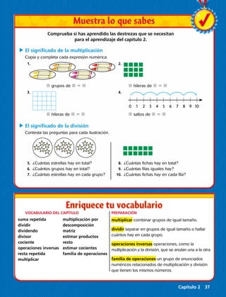 2 3 4 5 6 7 8 9 1010
PREPARACIÓN
multiplicar combinar grupos de igual tamaño.
dividir separar en grupos de igual tamaño o hallar
cuántos hay en cada grupo.
operaciones inversas operaciones, como la
multiplicación y la división, que se anulan una a la otra.
familia de operaciones un grupo de enunciados
numéricos relacionados de multiplicación y división
que tienen los mismos números.
VOCABULARIO DEL CAPÍTULO
Comprueba si has aprendido las destrezas que se necesitan
para el aprendizaje del capítulo 2.
C	El significado de la multiplicación
Copia y completa cada expresión numérica.
	 1.		 2.
		 j grupos de j 5 j  		 	 j hileras de j 5 j 
	 3.		 4.	
		 j hileras de j 5 j  				j saltos de j 5 j 
C	El significado de la división
Contesta las preguntas para cada ilustración.
					
	 5.	 ¿Cuántas estrellas hay en total? 	 8.	 ¿Cuántas fichas hay en total? 
	 6.	 ¿Cuántos grupos hay en total?	 9.	 ¿Cuántas filas iguales hay? 
	 7.	 ¿Cuántas estrellas hay en cada grupo? 	 10.	 ¿Cuántas fichas hay en cada fila? 
suma repetida
dividir
dividendo
divisor
cociente
operaciones inversas
resta repetida
multiplicar
multiplicación por
descomposición
matriz
estimar productos
resto
estimar cocientes
familia de operaciones
Capítulo 2  37
 