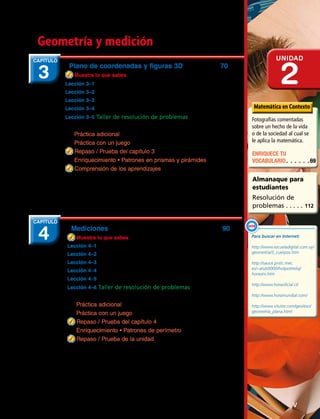 Geometría y medición
Plano de coordenadas y figuras 3D 70
Muestra lo que sabes .......................................................................................71
Lección 3–1 Plano de coordenadas y par ordenado ...................72
Lección 3–2 Caras, aristas y vértices ..........................................................74
Lección 3–3 Patrones para figuras 3D .....................................................76
Lección 3–4 Figuras 3D desde diferentes vistas ..............................78
Lección 3–5 Taller de resolución de problemas
	 Estrategia: hacer una representación.............................................80
Práctica adicional 84
Práctica con un juego 85
Repaso / Prueba del capítulo 3 86
Enriquecimiento • Patrones en prismas y pirámides 87
Comprensión de los aprendizajes 88
3
CAPÍTULO
Fotografías comentadas
sobre un hecho de la vida
o de la sociedad al cual se
le aplica la matemática.
Matemática en Contexto
Almanaque para
estudiantes
Resolución de
problemas. . . . . . 112
ENRIQUECE TU
VOCABULARIO. .  .  .  .  . 69
Unidad
2
Para buscar en Internet:
http://www.escueladigital.com.uy/
geometria/5_cuerpos.htm
http://sauce.pntic.mec.
es/~atub0000/hotpot/reloj/
horasini.htm
http://www.horaoficial.cl/
http://www.horamundial.com/
http://www.vitutor.com/geo/eso/
geometria_plana.html
Enlace
WEB
Mediciones	90
Muestra lo que sabes.........................................................................................91
Lección 4–1 Decir la hora.....................................................................................92
Lección 4–2 A.M. y P.M..........................................................................................96
Lección 4–3 Representar el tiempo transcurrido.............................98
Lección 4–4 Longitud...........................................................................................100
Lección 4–5 Centímetros y metros ..........................................................102
Lección 4–6 Taller de resolución de problemas
	 Estrategia: comparar estrategias ...................................................104
Práctica adicional 106
Práctica con un juego 107
Repaso / Prueba del capítulo 4 108
Enriquecimiento • Patrones de perímetro 109
Repaso / Prueba de la unidad 110
4
CAPÍTULO
V
 