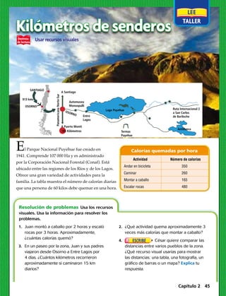 Andar en bicicleta
Caminar
Montar a caballo
Escalar rocas
350
260
165
480
Actividad Número de calorías
Calorías quemadas por hora
Resolución de problemas  Usa los recursos
visuales. Usa la información para resolver los
problemas.
	1.	 Juan montó a caballo por 2 horas y escaló
rocas por 3 horas. Aproximadamente,
¿cuántas calorías quemó?
	3.	 En un paseo por la zona, Juan y sus padres
viajaron desde Osorno a Entre Lagos por
4 días. ¿Cuántos kilómetros recorrieron
aproximadamente si caminaron 15 km
diarios?
	2.	 ¿Qué actividad quema aproximadamente 3
veces más calorías que montar a caballo?
	4.	 César quiere comparar las
distancias entre varios pueblos de la zona.
¿Qué recurso visual usarías para mostrar
las distancias: una tabla, una fotografía, un
gráfico de barras o un mapa? Explica tu
respuesta. 
Kilómetros de senderos
185 Kilómetros
A Puerto Montt
Lago Puyehue
Antillanca
Termas
Puyehue
Entre
Lagos
OSORNO
A Santiago
PanamericanaNorte-Sur
SANTIAGO
OSORNO
913 kms
Automuseu
Monoopulli
Ruta Internacional 2
a San Carlos
de Bariloche
OSORNO • PUYEHUE 76 kms
El Parque Nacional Puyehue fue creado en
1941. Comprende 107 000 Ha y es administrado
por la Corporación Nacional Forestal (Conaf). Está
ubicado entre las regiones de los Ríos y de los Lagos.
Ofrece una gran variedad de actividades para la
familia. La tabla muestra el número de calorías diarias
que una persona de 60 kilos debe quemar en una hora.
Usar recursos visualesDestreza
de lectura
Capítulo 2 45
 