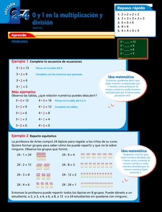 0 y 1 en la multiplicación y
división
OBJETIVO: : hallar productos y cocientes usando las propiedades del 0 y del 1.
PROBLEMA El profesor de matemática de 4° básico escribió los siguientes
enunciados en la pizarra. Y luego preguntó al curso, ¿cómo puedo saber el número
que va en el espacio en blanco?
Puedes usar las propiedades del 0 y del 1 para encontrar productos y cocientes.
Más ejemplos
Ejemplo 2  Reparto equitativo
Ejemplo 1  Completa la secuencia de ecuaciones
3 • 4 = 12	 Piensa en la tabla del 3.
3 • 3 = 9	 Completa con los números que pensaste.
3 • 2 = 6
3 • 1 = 3
Repaso rápido
1.  2 + 2 + 2 + 2
2.  3 + 3 + 3 + 3 + 3
3.  6 + 6 + 6
4.  8 + 8
5.  4 + 4 + 4 + 4
Aprende
Observa las tablas, ¿qué relación numérica puedes descubrir?
La profesora de Artes compró 24 lápices para regalar a los niños de su curso.
Quiere formar grupos para saber cómo los puede repartir y que no le sobre
ninguno. Observa los grupos que formó.
Entonces la profesora puede repartir todos los lápices en 8 grupos. Puede dárselo a un
estudiante, a 2, a 3, a 4, a 6, a 8, a 12 o a 24 estudiantes sin quedarse con ninguno.
3 • 4 = 12	 4 • 4 = 16	 Piensa en la tabla del 3 y 4.
3 • 3 = 9	 4 • 3 = 12	 Completa las tablas.
3 • 2 = 6	 4 • 2 = 8
3 • 1 = 3	 4 • 1 = 4
3 • 0 = 0	 4 • 0 = 0
24 : 1 = 24
24 : 2 = 12
24 : 3 = 8
24 : 4 = 6
24 : 6 = 4
24 : 8 = 3
24 : 12 = 2
24 : 24 = 1
3 · ____ = 12
3 · ____ = 9
3 · ____ = 6
3 · ____ = 3
Idea matemática
Entonces, podemos decir que
todo número multiplicado por
1 resulta como producto el
mismo número y todo número
multiplicado por 0 tiene como
producto el 0.
Idea matemática
Podemos concluir que
todo número dividido por
1 tiene como cociente el
mismo número y todo
número dividido por el
mismo número tiene
cociente 1.
2-42-4
LECC IÓN
46 
 