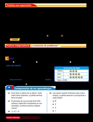 Completa las tablas.
1. 5 • ____ = 25
5 • _____ = 20
5 • ____ = 15
5 • _____ = 10
5 • ____ = 5
5 • _____ = 0
2. 18: ____ = 18
18 : ____ = 9
18 : ____ = 6
18 : ____ = 3
18 : ____ = 2
18 : ____ = 1
Práctica con supervisión
Halla el producto o cociente. 
	8.	 7 • 0	 9.	 8 • 1 	 10.	 2 • 9	 11.	 14 : 2
	12.	 9 • 3	 13.	 5 : 5 	 14.	 4 : 1	 15.	 3 • 8
Encuentra el número que falta.
16.	 5 • j 5 5	17.	 3 : j = 1	 18.	 9 • j 5 0
Práctica independiente y resolución de problemas
Álgebra
USA los DATOS  Para los ejercicios 18, 19 y 21, usa la
pictografía.
	19.	 Amara compró 3 ovillos de lana. ¿Cuánto gastó?
	20.	 Diana compró un par de palillos, un libro para aprender
a tejer y dos ovillos de lana. ¿Cuál fue el costo total?
	21.	 Razonamiento ¿Cuál es el número que falta? Explica
tu respuesta.
 • 0 = 0
Comprensión de los aprendizajes
22.	 Enzo tiene 3 sobres de un álbum. Cada
sobre tiene 9 láminas. ¿Cuántas láminas
tiene en total?
23.	 El gimnasio de una escuela tiene 950
asientos. Había 843 estudiantes en una
asamblea. ¿Cuántos asientos estaban
vacíos?
24.	 j • 8 5 0
	25.	 Luis quiere repartir 9 láminas entre nueve
amigos, ¿cuántas láminas le corresponde a
cada amigo? 
	A		 9
	B		 2
	C		 3
	 D		 1
Accesorios de tejer
Palillos
Libro
Lana
Clave = $ 500
Práctica adicional en la página 62, Grupo C
Halla el producto o cociente.
3. 5 • 1	 4.  8 : 4	 5. 0 • 9	 6.  3 : 3
7.  Si 3 · 4 es 3 + 3 + 3 + 3; 3 · 0, ¿cómo lo represento a través de la suma iterada?
Explica tu respuesta.
Capítulo 2 47
 