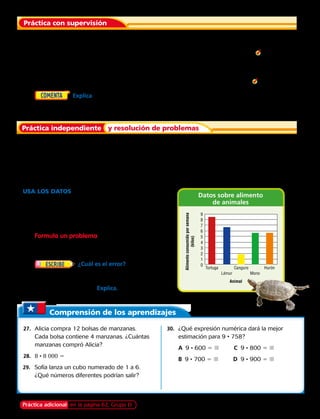 Comprensión de los aprendizajes
Práctica adicional en la página 62, Grupo D
Redondea el factor mayor. Después usa el cálculo mental para
estimar el producto. 
	1.	 4 • 32	 2.	 7 • 98	 3.	 5 • 182	 4.	 3 • 415	  5.	 6 • 95
Estima el producto. Escribe el método.
	 6.	 8 • 42	 7.	 2 • 67	 8.	 6 • 281	 9.	 9 • 6 221	  10.	 7 • 759
	11.	   Explica cómo sabes si una estimación de 560 es menor que o mayor que el
producto exacto de 8 veces 72.
Estima el producto. Escribe el método.
	12.	 4 • 37	 13.	 6 • 23	 14.	 5 • 630	 15.	 3 • 1 914
	16.	 4 • 978	 17.	 9 • 23 	 18.	 4 • 47	 19.	 9 • 881
	20.	 89 • 3	 21.	 709 • 4	 22.	 2 509 • 7	 23.	 545 • 8
USA los DATOS Para los ejercicios 24 a 26,
usa la gráfica.
	24.	 Aproximadamente, ¿cuántos kilos más de
alimento comen 5 monos que 5 canguros
en 6 semanas?
25.	 Formula un problema Usa la información
del gráfico para escribir un problema. Pide a
un compañero que resuelva el problema.
26.	
 
¿Cuál es el error?
Tamara dice que 8 lémures comen
aproximadamente 48 kilos de alimento a la
semana. ¿Tiene razón? Explica. 
	27.	 Alicia compra 12 bolsas de manzanas.
Cada bolsa contiene 4 manzanas. ¿Cuántas
manzanas compró Alicia?
	28.	 8 • 8 000 5  
29.	 Sofía lanza un cubo numerado de 1 a 6.
¿Qué números diferentes podrían salir? 
	30.	 ¿Qué expresión numérica dará la mejor
estimación para 9 • 758? 
	A  9 • 600 5 j	 C	 9 • 800 5 j	
	B  9 • 700 5 j	 D	 9 • 900 5 j
Práctica con supervisión
Práctica independiente y resolución de problemas
Alimentoconsumidoporsemana
(kilos)
9
8
7
6
5
4
3
2
1
0
Tortuga Canguro
Animal
Hurón
Lémur Mono
Datos sobre alimento
de animales
Capítulo 2 53
 