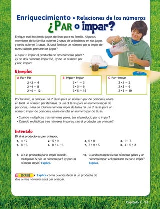 ¿Par o impar?
Enriquecimiento • Relaciones de los números
A	Par • Par
		 2 • 2 5 4
2 • 4 5 8
2 • 6 5 12
Ejemplos
Inténtalo
Di si el producto es par o impar.
	1.	 4 • 7	 2.	 5 • 9	 3.	 6 • 8	 4.	 9 • 7	
	 5.	 8 • 6	 6.	 8 • 4 • 6	 7.	 7 • 9 • 5	 8.	 4 • 6 • 2	
	9.	 ¿Es el producto par o impar cuando
multiplicas 5 por un número par? ¿y por un
número impar? Explica.
	10.	 Cuando multiplicas dos números pares y un
número impar, ¿el producto es par o impar?
Explica.	
B	Impar • Impar
		3 • 1 5 3
3 • 3 5 9
3 • 5 5 15
C	Par • Impar
		2 • 1 5 2
2 • 3 5 6
2 • 5 5 10
Por lo tanto, si Enrique usa 2 tazas para un número par de personas, usará
en total un número par de tazas. Si usa 3 tazas para un número impar de
personas, usará en total un número impar de tazas. Si usa 2 tazas para un
número impar de personas, usará en total un número par de tazas.
•	Cuando multiplicas tres números pares, ¿es el producto par o impar?
• Cuando multiplicas tres números impares, ¿es el producto par o impar?
Enrique está haciendo jugos de fruta para su familia. Algunos
miembros de la familia quieren 2 tazas de arándanos en sus jugos
y otros quieren 3 tazas. ¿Usará Enrique un número par o impar de
tazas cuando prepare los jugos?
¿Es par o impar el producto de dos números pares?,
¿y de dos números impares?, ¿y de un número par
y uno impar?
Explica cómo puedes decir si un producto de
dos o más números será par o impar.	
Capítulo 2  63
 