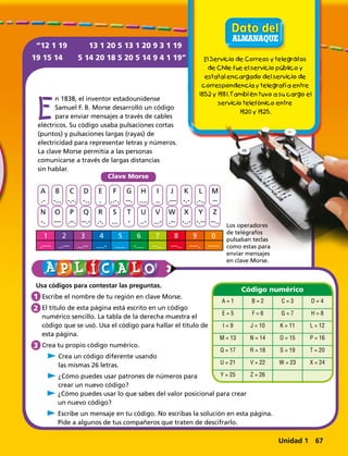 Unidad 1 67
n 1838, el inventor estadounidense
Samuel F. B. Morse desarrolló un código
para enviar mensajes a través de cables
eléctricos. Su código usaba pulsaciones cortas
(puntos) y pulsaciones largas (rayas) de
electricidad para representar letras y números.
La clave Morse permitía a las personas
comunicarse a través de largas distancias
sin hablar.
E
El Servicio de Correos y telegráfos
de Chile fue el servicio público y
estatal encargado del servicio de
correspondencia y telegrafía entre
1852 y 1981. Tambíén tuvo a su cargo el
servicio telefónico entre
1920 y 1925.
Usa códigos para contestar las preguntas.
1 Escribe el nombre de tu región en clave Morse.
2 El título de esta página está escrito en un código
numérico sencillo. La tabla de la derecha muestra el
código que se usó. Usa el código para hallar el título de
esta página.
3 Crea tu propio código numérico.
	 C Crea un código diferente usando
las mismas 26 letras.
	 C ¿Cómo puedes usar patrones de números para
crear un nuevo código?
Clave Morse
1 2 3 4 5 6 7 8 9 0
.---- ..--- ...-- ....- ..... -.... --... ---.. ----. -----
A
.-
B
-...
C
-.-.
D
-..
E
.
F
..-.
G
--.
H
....
I
..
J
.---
K
-.-
L
.-..
M
--
N
-.
O
---
P
.--.
Q
--.-
R
.-.
S
...
T
-
U
..-
V
...-
W
.--
X
-..-
Y
-.--
Z
--..
Código numérico
A = 1 B = 2 C = 3 D = 4
E = 5 F = 6 G = 7 H = 8
I = 9 J = 10 K = 11 L = 12
M = 13 N = 14 O = 15 P = 16
Q = 17 R = 18 S = 19 T = 20
U = 21 V = 22 W = 23 X = 24
Y = 25 Z = 26
	 C ¿Cómo puedes usar lo que sabes del valor posicional para crear
un nuevo código?
	 C Escribe un mensaje en tu código. No escribas la solución en esta página.
Pide a algunos de tus compañeros que traten de descifrarlo.
Los operadores
de telégrafos
pulsaban teclas
como estas para
enviar mensajes
en clave Morse.
2
1
3
“12 1 19 13 1 20 5 13 1 20 9 3 1 19
19 15 14 5 14 20 18 5 20 5 14 9 4 1 19”
 