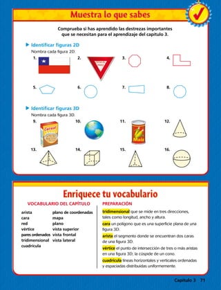 VOCABULARIO DEL CAPÍTULO PREPARACIÓN
tridimensional que se mide en tres direcciones,
tales como longitud, ancho y altura.
cara un polígono que es una superficie plana de una
figura 3D.
arista el segmento donde se encuentran dos caras
de una figura 3D.
vértice el punto de intersección de tres o más aristas
en una figura 3D; la cúspide de un cono.
cuadrícula líneas horizontales y verticales ordenadas
y espaciadas distribuidas uniformemente.
MFLO4APE4X_U8C24L5_1A
Comprueba si has aprendido las destrezas importantes
que se necesitan para el aprendizaje del capítulo 3.
C	Identificar figuras 2D
Nombra cada figura 2D.
	 1.		 2.		 3.	 	 4.	
	 5.	 	 6.	 	 7.	 	 8.	
C	Identificar figuras 3D
Nombra cada figura 3D.
	 9.		 10.		 11.		 12.	
	 13.	 	 14.	 	 15.	 	 16.	
arista
cara
red
vértice
pares ordenados
tridimensional
cuadrícula
plano de coordenadas
mapa
plano
vista superior
vista frontal
vista lateral
Capítulo 3 71
 