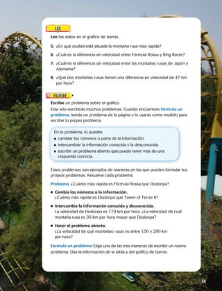 Lee los datos en el gráfico de barras.
5. ¿En qué ciudad está situada la montaña rusa más rápida?
6. ¿Cuál es la diferencia en velocidad entre Fórmula Rossa y Ring Racer? 
7. ¿Cuál es la diferencia de velocidad entre las montañas rusas de Japón y
Alemania? 
8. ¿Qué dos montañas rusas tienen una diferencia en velocidad de 47 km
por hora? 
Escribe un problema sobre el gráfico.
Este año escribirás muchos problemas. Cuando encuentres Formula un
problema, leerás un problema de la página y lo usarás como modelo para
escribir tu propio problema.
En tu problema, tú puedes
  cambiar los números o parte de la información.
  intercambiar la información conocida y la desconocida.
 escribir un problema abierto que puede tener más de una
respuesta correcta.
Estos problemas son ejemplos de maneras en las que puedes formular tus
propios problemas. Resuelve cada problema.
Problema  ¿Cuánto más rápida es Fórmula Rossa que Dodonpa?
 Cambia los números o la información.
¿Cuánto más rápida es Dodonpa que Tower of Terror II?
 Intercambia la información conocida y desconocida.
La velocidad de Dodonpa es 170 km por hora. ¿La velocidad de cuál
montaña rusa es 36 km por hora mayor que Dodonpa?  
 Hacer el problema abierto.
¿La velocidad de qué montañas rusas es entre 150 y 200 km
por hora?
Formula un problema Elige una de las tres maneras de escribir un nuevo
problema. Usa la información de la tabla y del gráfico de barras.
IX
 