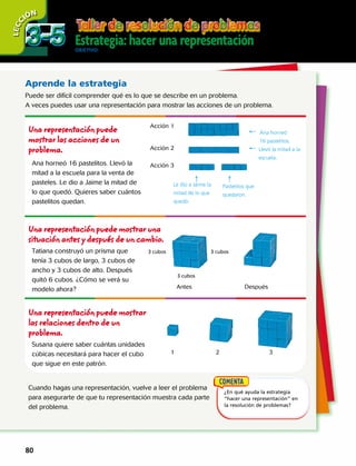 Estrategia: hacer una representaciónOBJETIVO: resolver problemas usando la estrategia hacer una representación.
LECC IÓN
Aprende la estrategia
Puede ser difícil comprender qué es lo que se describe en un problema.
A veces puedes usar una representación para mostrar las acciones de un problema.
Una representación puede
mostrar las acciones de un
problema.
Ana horneó 16 pastelitos. Llevó la
mitad a la escuela para la venta de
pasteles. Le dio a Jaime la mitad de
lo que quedó. Quieres saber cuántos
pastelitos quedan.
← Ana horneó
16 pastelitos.
← Llevó la mitad a la
escuela.
Acción 1
Acción 2
Acción 3
Una representación puede mostrar una
situación antes y después de un cambio.
Tatiana construyó un prisma que
tenía 3 cubos de largo, 3 cubos de
ancho y 3 cubos de alto. Después
quitó 6 cubos. ¿Cómo se verá su
modelo ahora? Antes Después
Una representación puede mostrar
las relaciones dentro de un
problema.
Susana quiere saber cuántas unidades
cúbicas necesitará para hacer el cubo
que sigue en este patrón.
Cuando hagas una representación, vuelve a leer el problema
para asegurarte de que tu representación muestra cada parte
del problema.
1 2 3
¿En qué ayuda la estrategia
“hacer una representación” en
la resolución de problemas?
Le dio a Jaime la
mitad de lo que
quedó.
↑ ↑
Pastelitos que
quedaron.
3 cubos 3 cubos
3 cubos
3-53-5
80 
 